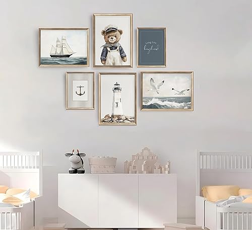 Miniatura 3 de BMFLFWXE Arte de pared náutico vintage para guardería, póster de lienzo costero para niños, oso de peluche, cuadros de marinero, azul marino, velero