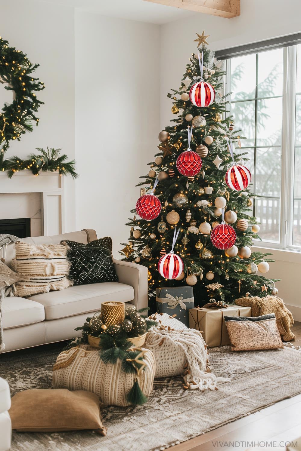 Juego de 2 bolas de Navidad de 15 cm de diámetro, bolas decorativas para árbol de Navidad, color blanco y rojo