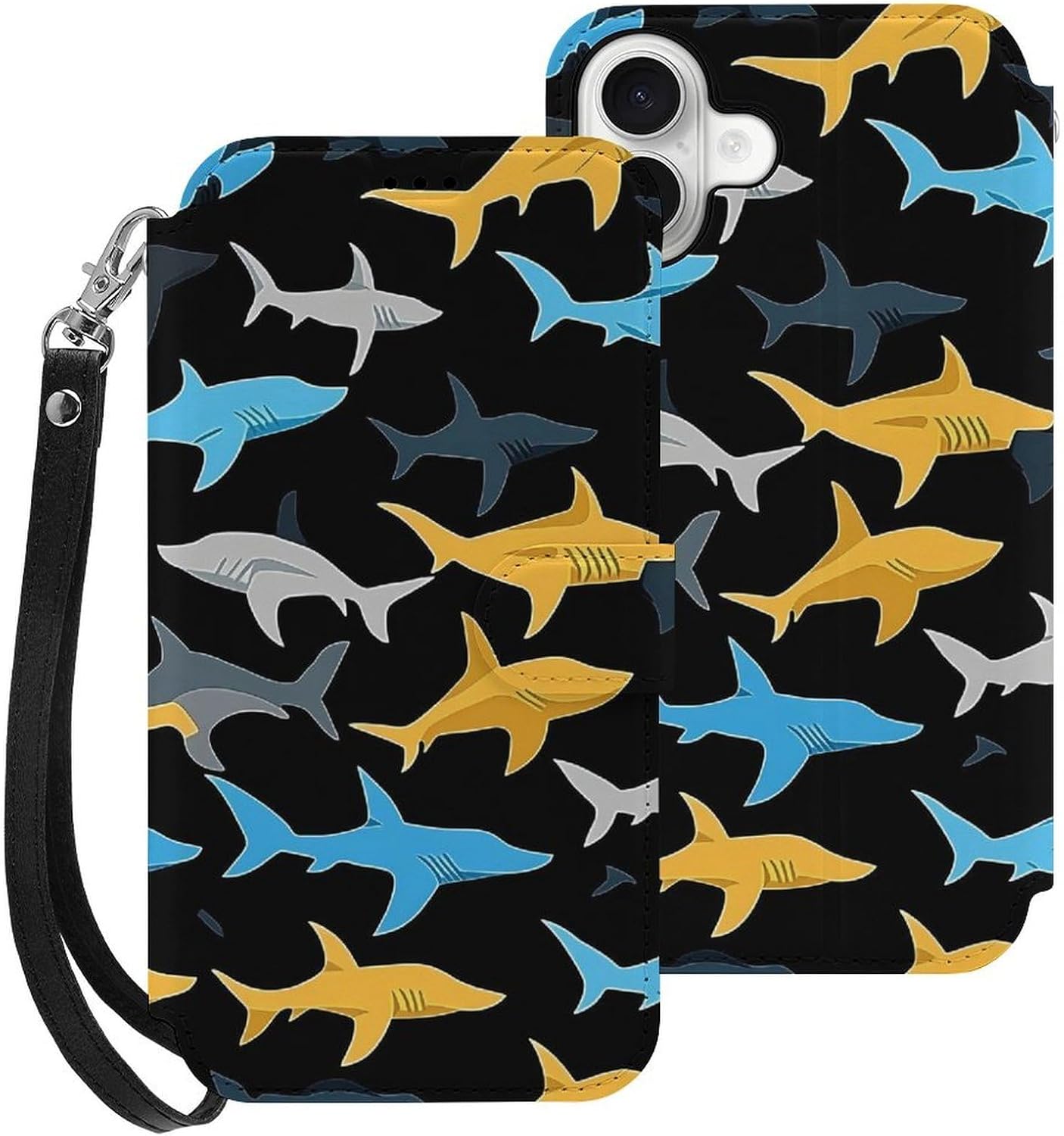 Colorful Sharks Compatible with iPhone 16/16 Plus/16 Pro/16 Pro Max/16 E Case Phone Wallet Card Holder Flip Cover with Wrist Strap
