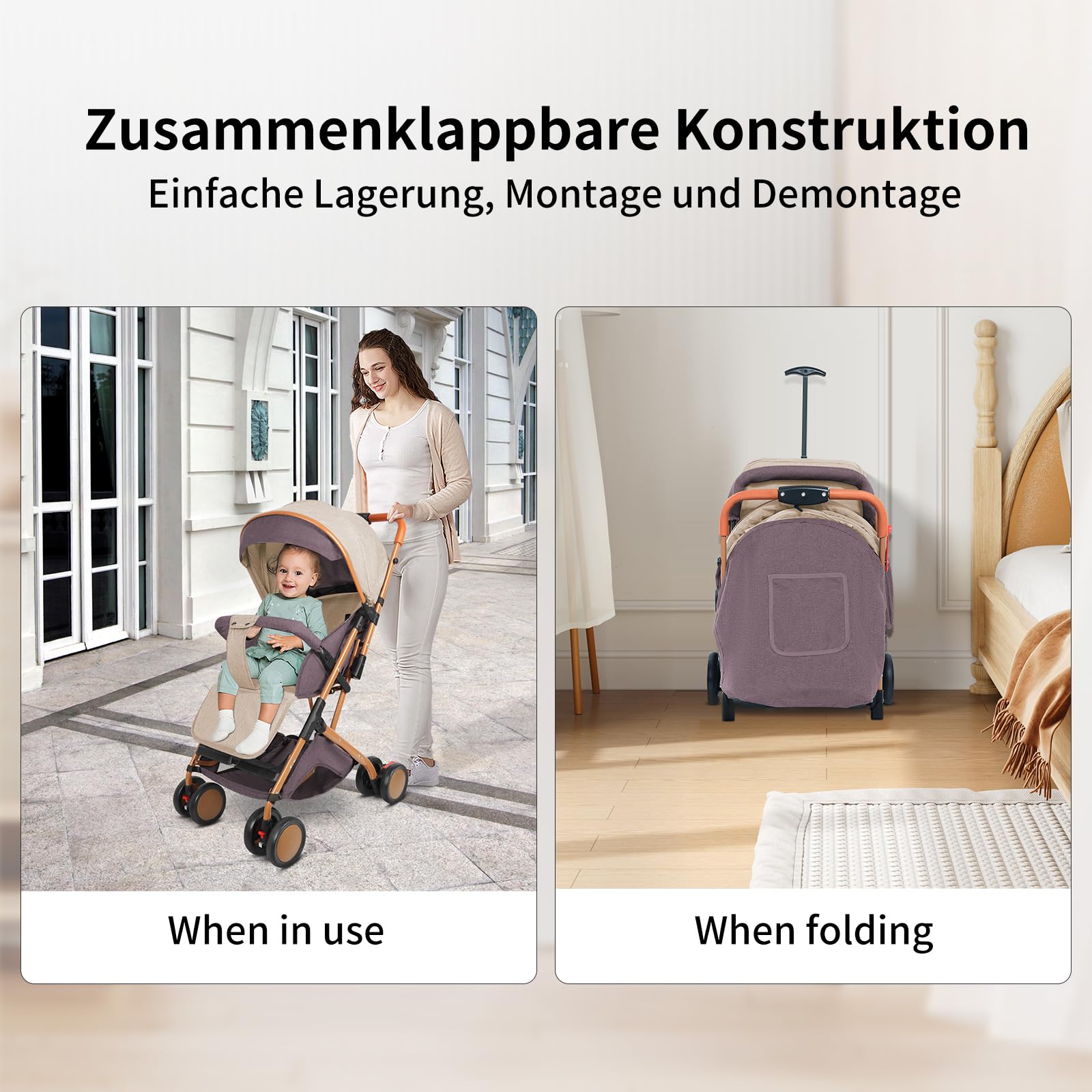 Homewell Federleichter Reisebuggy Faltbar, Kinderwagen, Liegefunktion, flache Liegeposition, kompakter Buggy inkl. Moskitonetze & Matten, 98 * 71 * 45cm (Khaki)