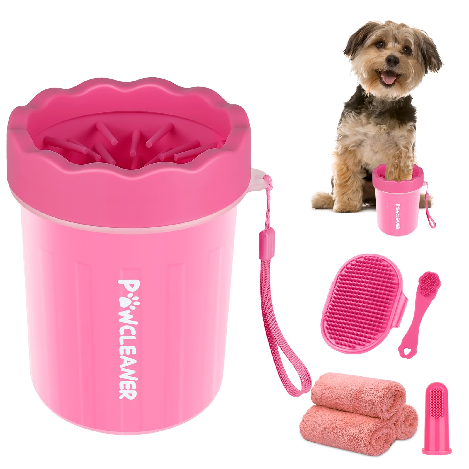 Comotech Dog Paw Cleaner, Portable Dog Paw Washer Pet Cleaning Silicone Brush with 3 Absorbent Towel, Pet Foot Cleaner for Small Breed Dogs(Pink)