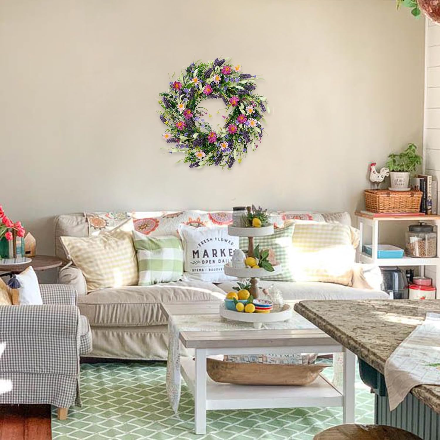 22 Inch Spring Summer Flower Wreaths for Front Door, Artificial Colorful Floral Door Wreaths with Lavender Daisies Green Leaves Farmhouse for Inside Outside Home Window Weeding Decor