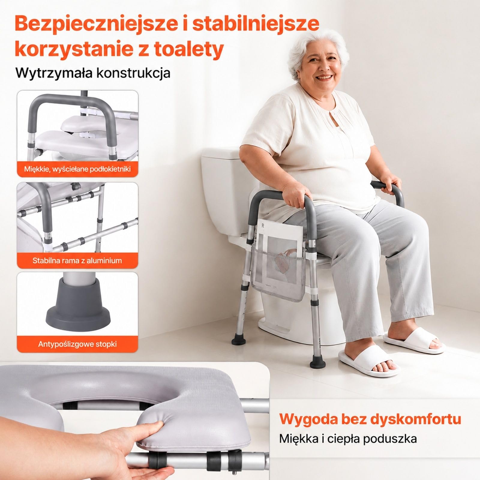 Regulowana podwyższona nakładka sedesowa z podłokietnikami, czterema nogami, miękko wyściełanym siedziskiem i ramą ze stopu aluminium