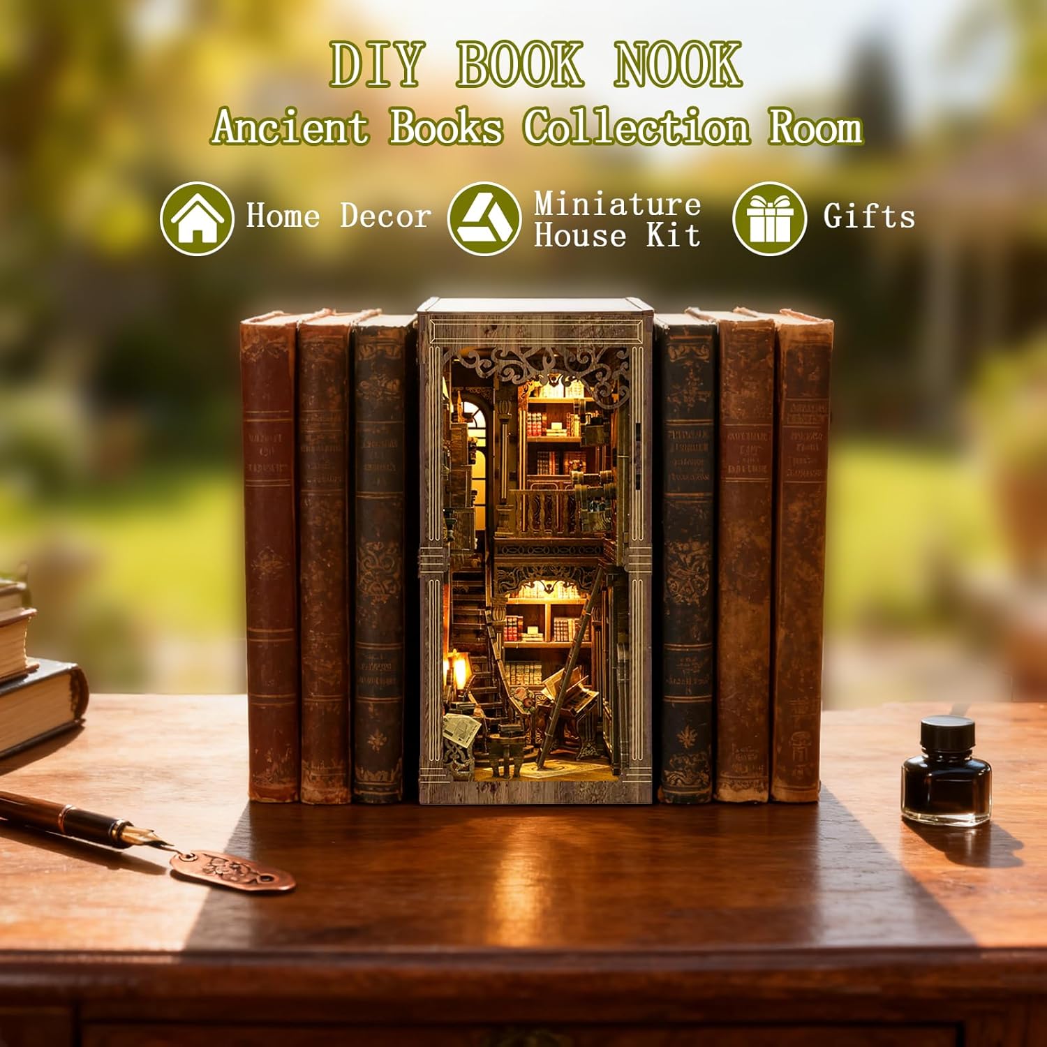 Book Nook Kit - DIY Miniature House Kit for Adults and Teens, 3D Wooden Puzzle Book Nook Craft Bookshelf Decor, Gifts for Family, Friends, Ancient Books Collection Room