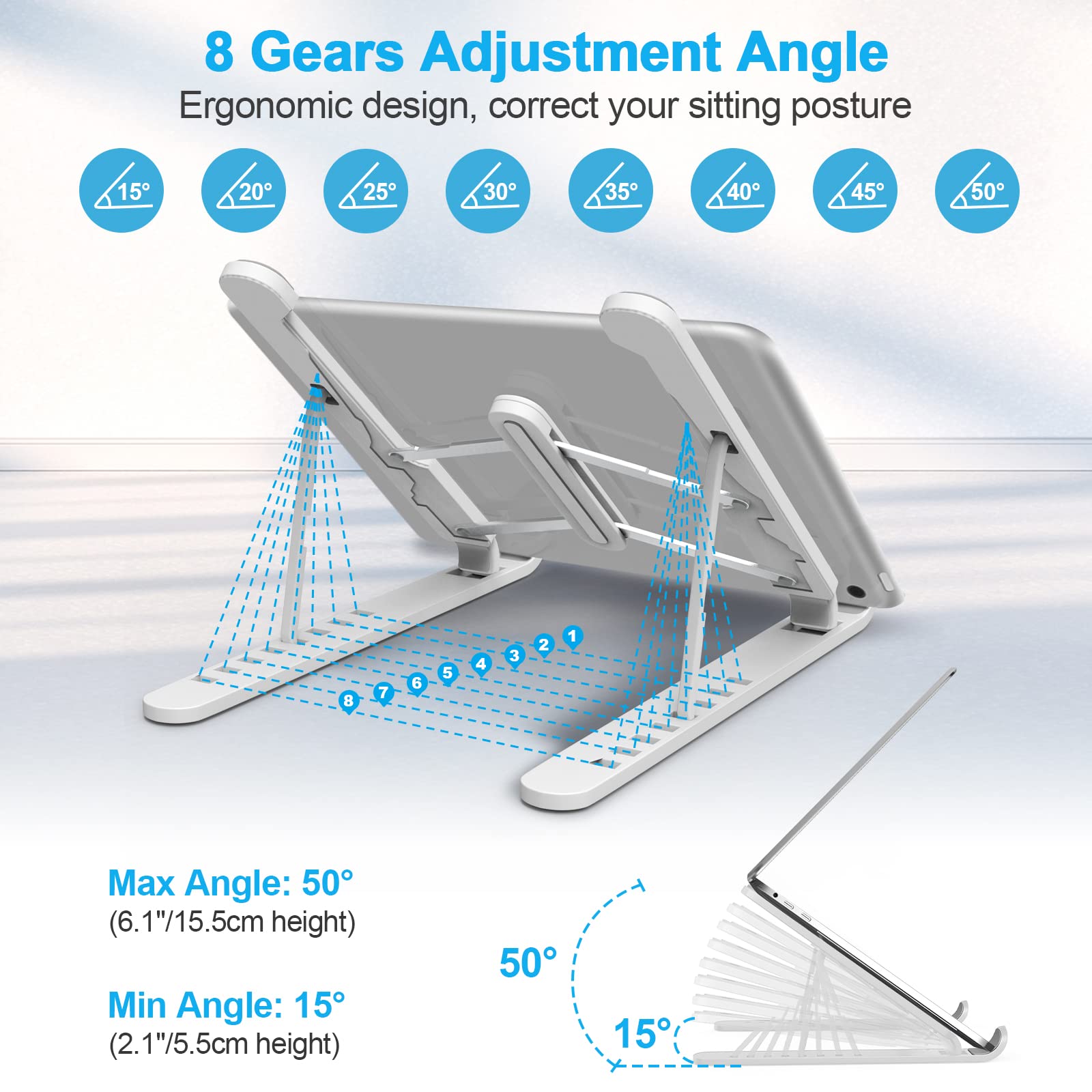 Support Ordinateur Portable Réglable - 8 Niveaux - Silicone Antidérapant - Pour 10-15,6 Pouces
