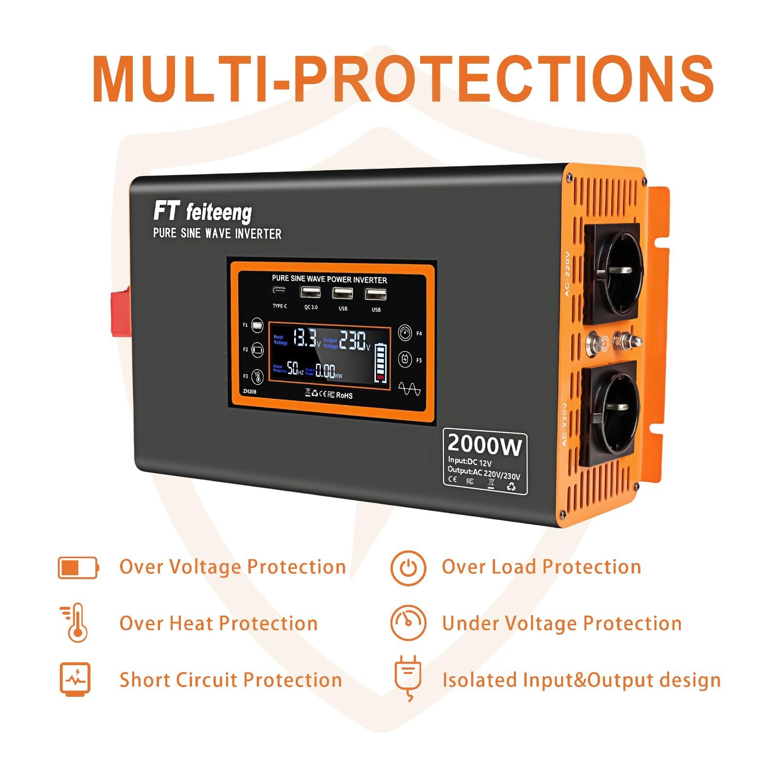 2000W/4000W Convertisseur 12V 220V Pur Sinus Onduleur,transformateur 12v 220v avec 2 Prises CA, Port USB, Télécommande, écran LCD, pour Les Systèmes Solaires, Voiture, Camping,Voyage Caravane
