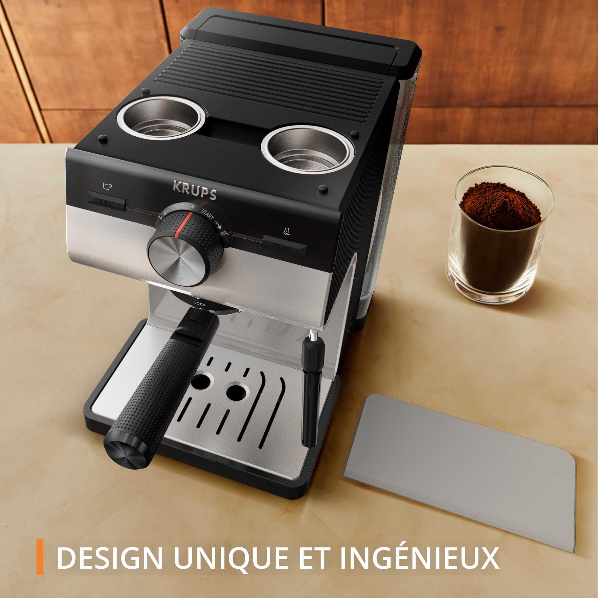 KRUPS Machine espresso manuelle, Qualité Barista, Espresso et Cappuccinos, Buse vapeur, Rangement des filtres inclus, Gris clair, Authentic, XP381B10