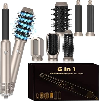 6 in 1 Hot Air Styler, Magic Styler Air Brush Hair Wrap Curler, 1000W Powerful Negative Ionic Hot Airbrush Airstyler, Smooth Hair Styler for Drying, Curling, Volumizing, Straightening, All Hair Types