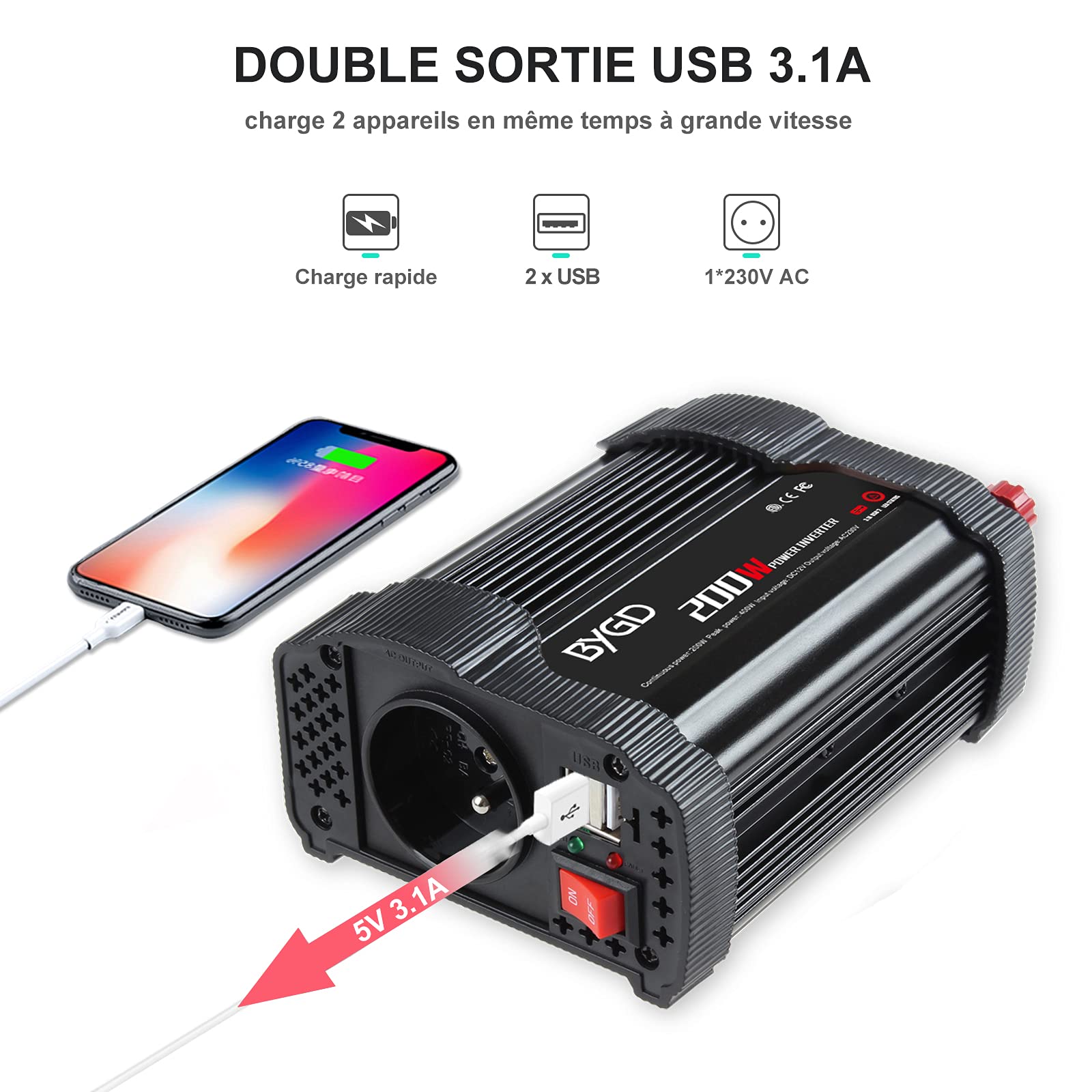BYGD Convertisseur 12v 220v 200W / 400W onduleur de Voiture, avec 3.1A Double transformateur de Chargeur Rapide USB multicolore