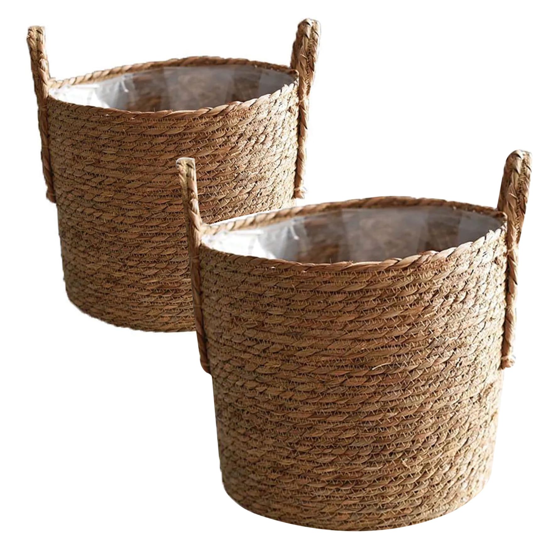 Panier végétal tissé, paniers de jardinières intérieurs de 25 cm Récipient de Rangement tissé avec doublures en Plastique Paille de Paille pour la Maison, S