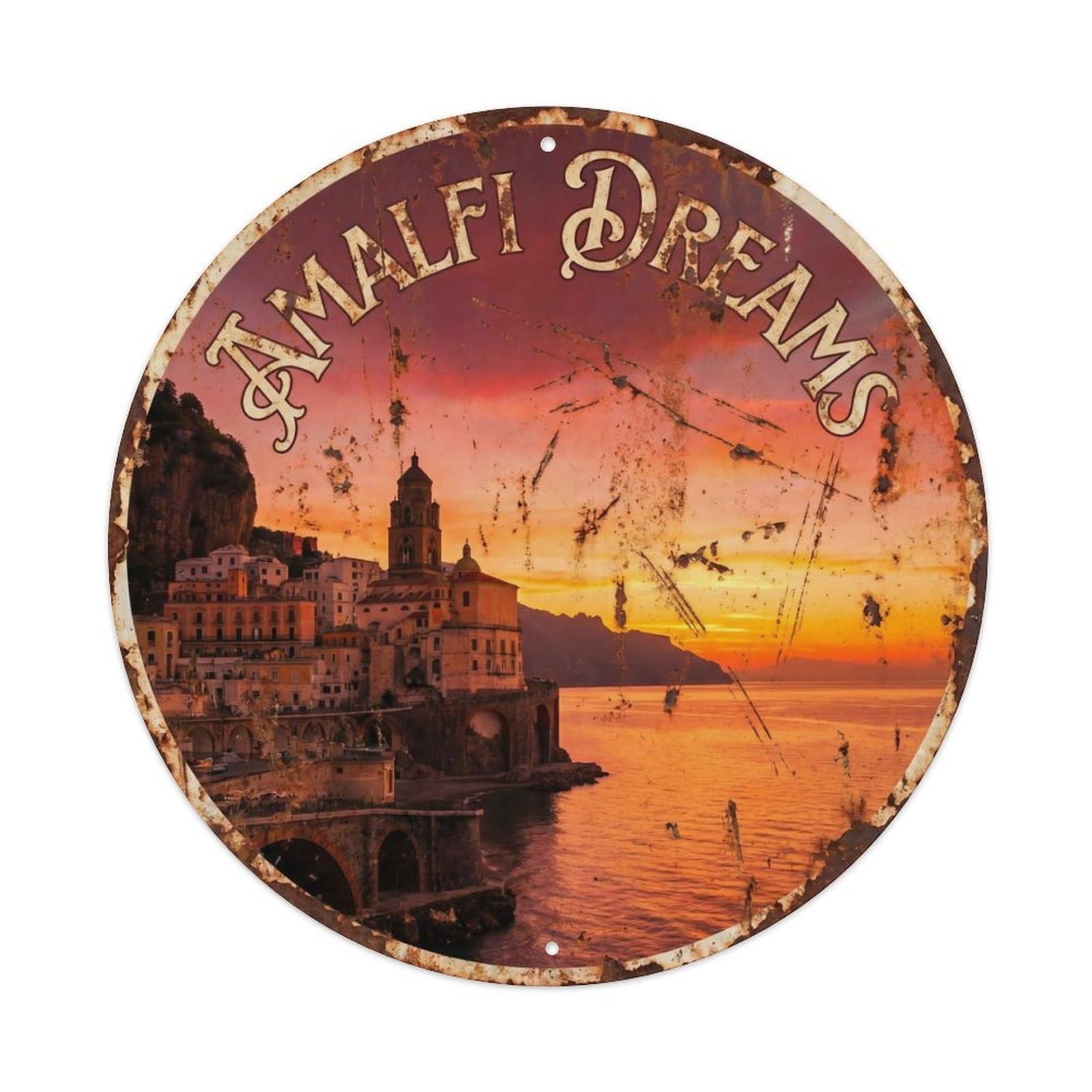 Mediterranean Amalfi Seaside Sunset Vacation Vintage Metal Tin Sign Plaque Wall Decor for Cafe, Man Cave, Club Bar, Office, Home Garden Round Metal Poster 8x8Inch