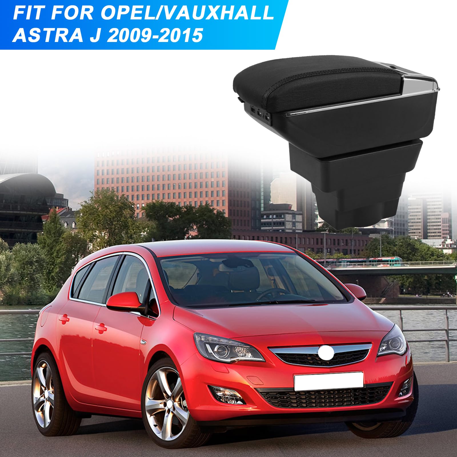 Auto Bracciolo Compatibile con Opel/Vauxhall Astra J 2009-2015 Scatola Portaoggetti per Bracciolo Console Centrale Poggiabraccio Braccio vano Portaogget Doppio Strato con 7 Porte di USB