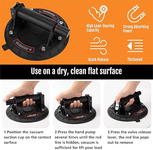 Miniatura 7 de Ventosas de vacío de 8 pulgadas resistentes para levantar vidrio grande, elevador de ventosa industrial con asa, capacidad de carga de 500 libras