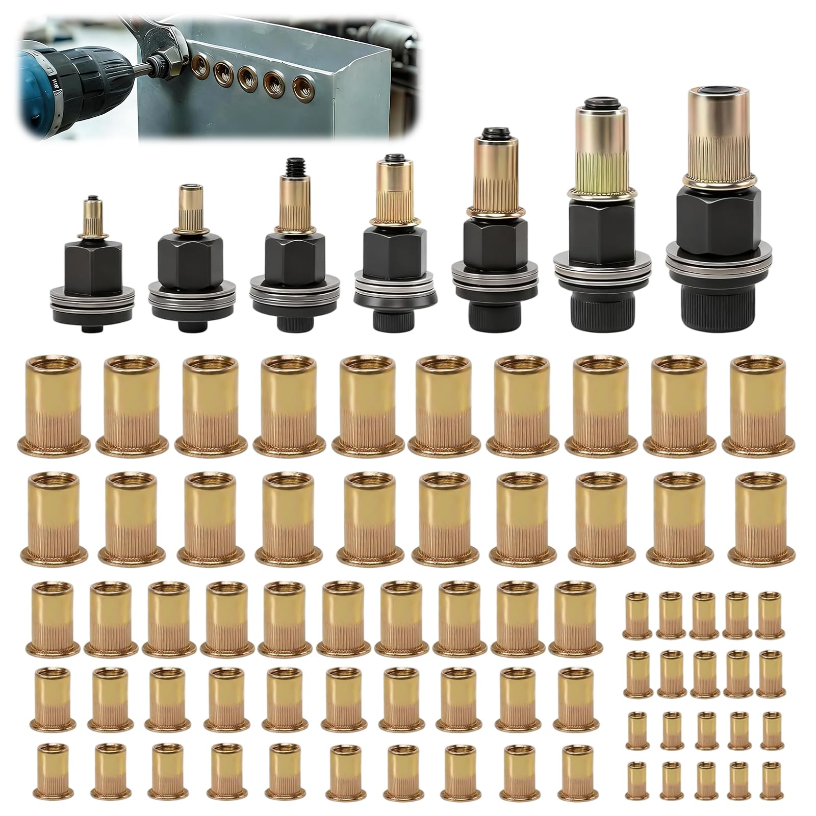HAPPOW Set of 7 Rivet Nut Pliers Set, Including 7 Rivet Nut Pliers and 70 Insertion Nuts, M3 / M4 / M5 / M6 / M8 / M10 / M12, Ideal for Connecting Metal Plates and Pipes