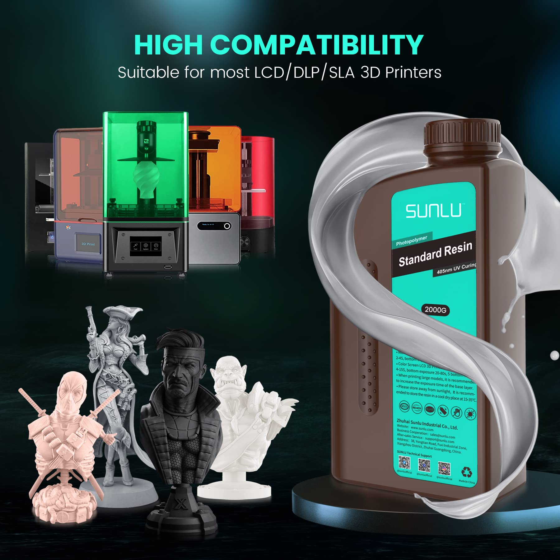 SUNLU Stampante 3D Resina 2KG, 405nm Resin UV Polimerizzante, Fotopolimero standard Resina di stampa 3D per 4K/8K LCD/DLP/SLA Stampanti Resin, Alta Precisione, Basso Shrinkage, Grigio 2000g