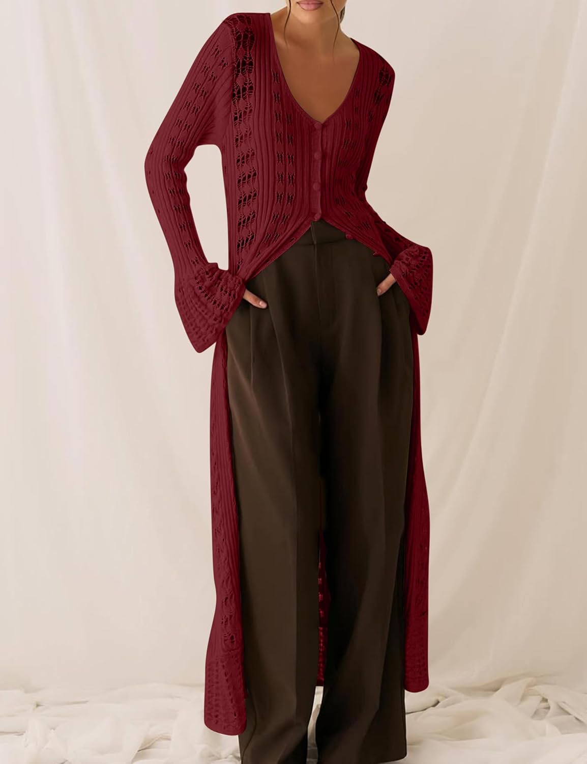 Cardigan Sweaters for Women Trendy Lightweight Crochet Long Duster Button Up Bell Long Sleeve Ruffle Knit Maxi Dress - Image 6