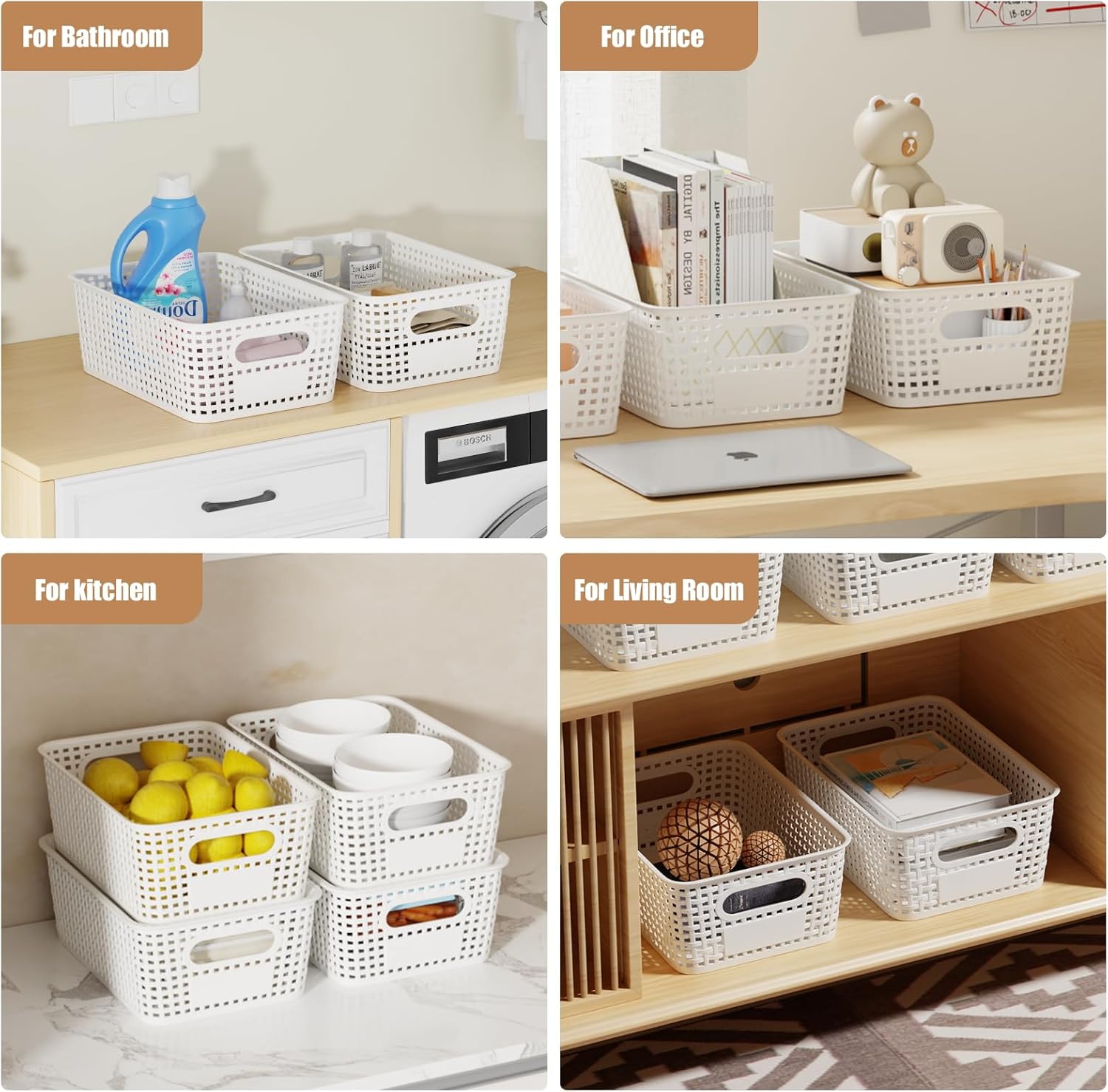 8 PCS Plastic Storage Baskets with Lids, Stackable Storage Bins with Lids & Labels for Organizing, Small Storage Bins for shelves, Office, Drawer, Cabinet & Pantry,Nursery Organization,10.2*7.2*4.1In