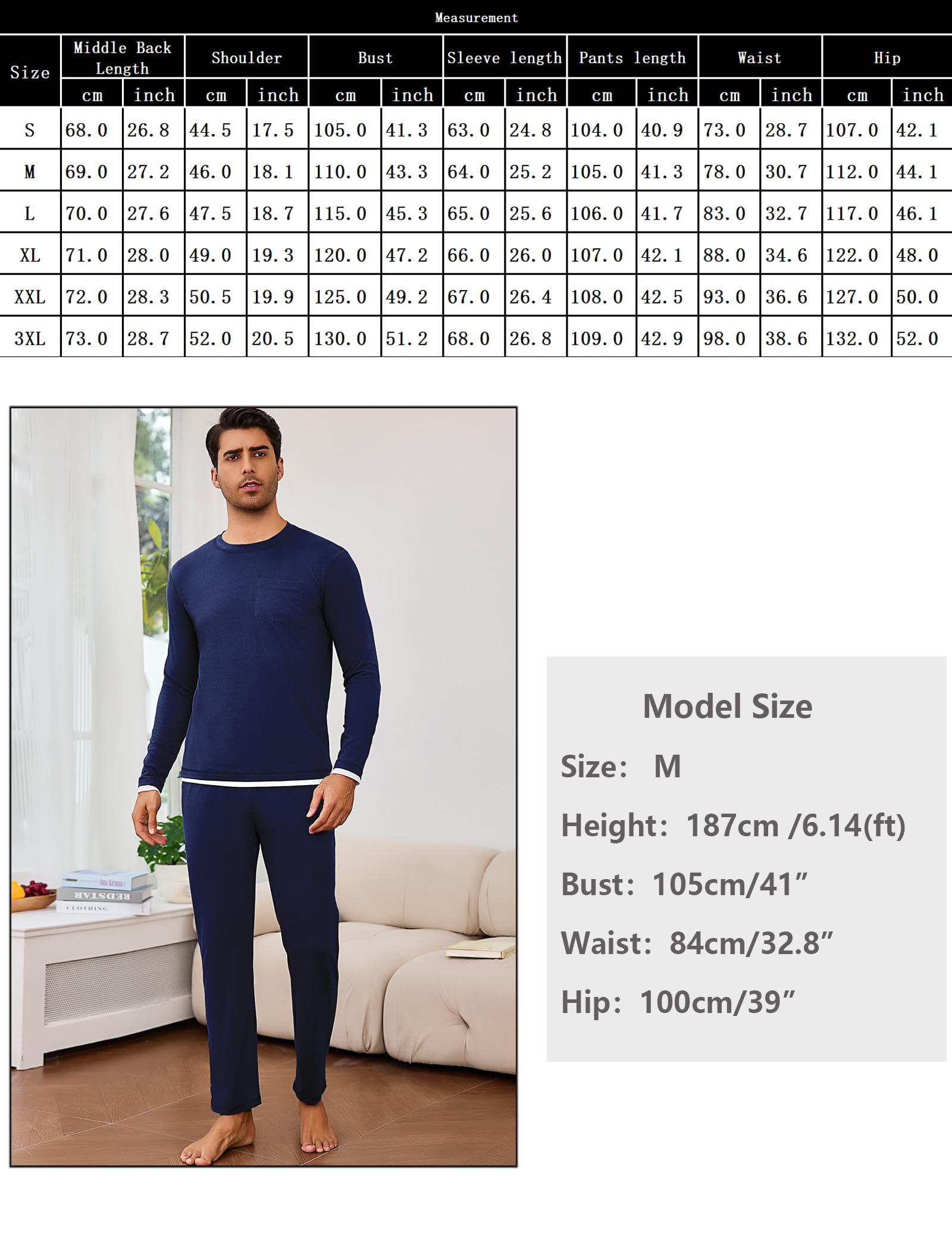 Litherday Pijamas Hombre Invierno de Manga Larga de Algodón Cuello Redondo Conjunto de Pijama de Hombre Camiseta con Bolsillos Ropa de Dormir de Dos Piezas