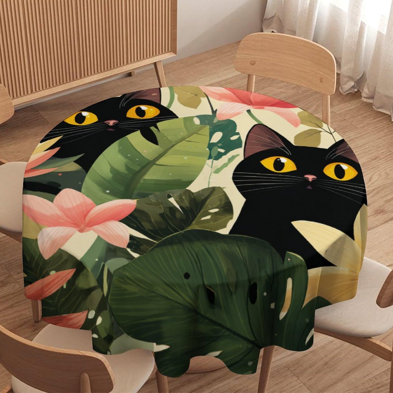 LUYYSKY Funny Abstract Black Cats Waterproof Round Tablecloth Retro Watercolor Animals Kittens Plants Floral Palm Leaves Pattern Washable Table Cover for Kitchen-36 Wx36 L