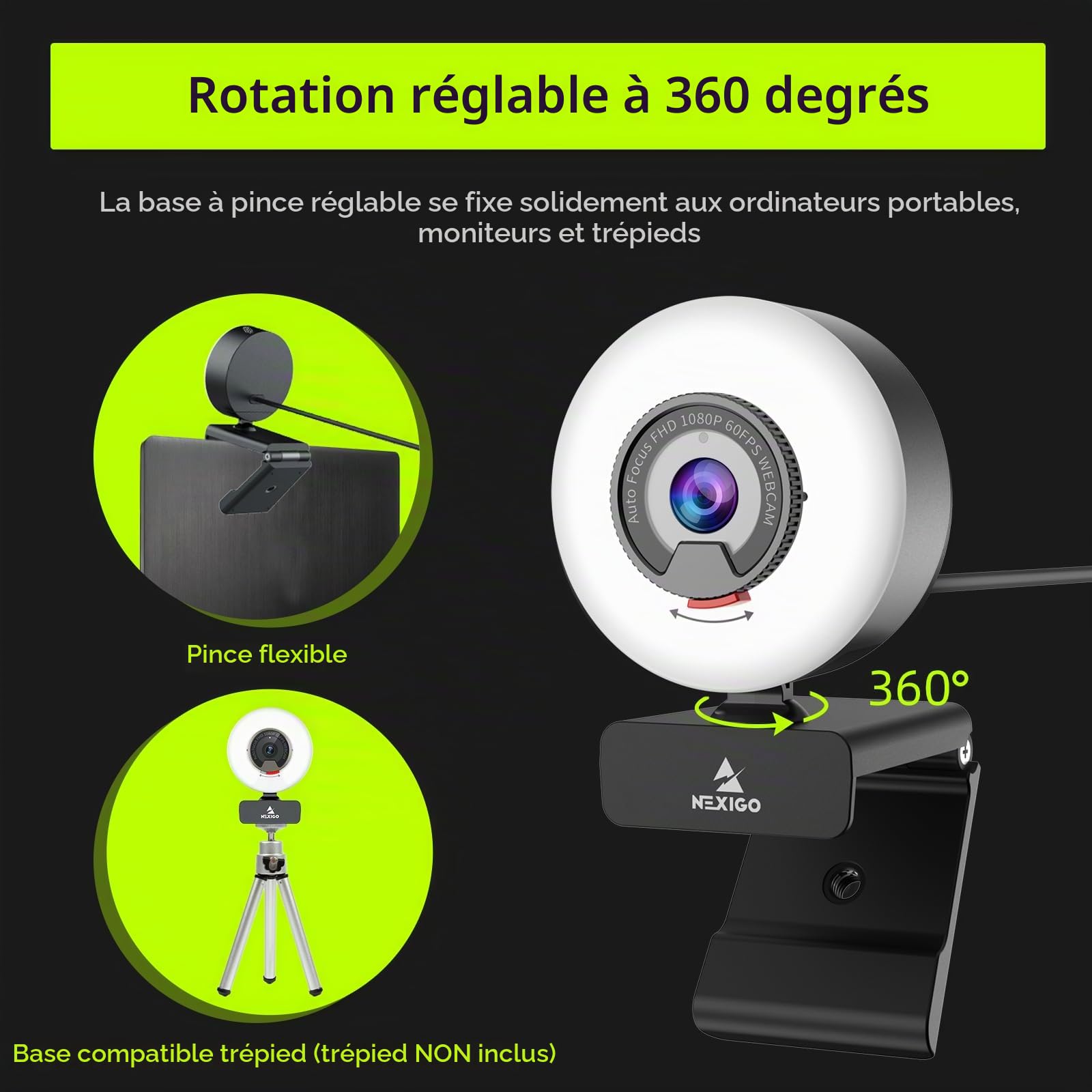 NexiGo N960E 1080P 60FPS Webcam avec lumière, Logiciel Inclus, AutoFocus Rapide, Couvercle de privacité, caméra Web USB, Double Microphone stéréo, pour Zoom Meeting Skype Teams Twitch