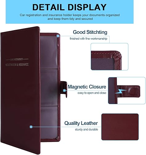 Miniatura 8 de GNEGNI - Tarjetero para tarjetas de registro de automóvil y seguro de cuero, soporte para documentos para vehículos con cierre magnético, para