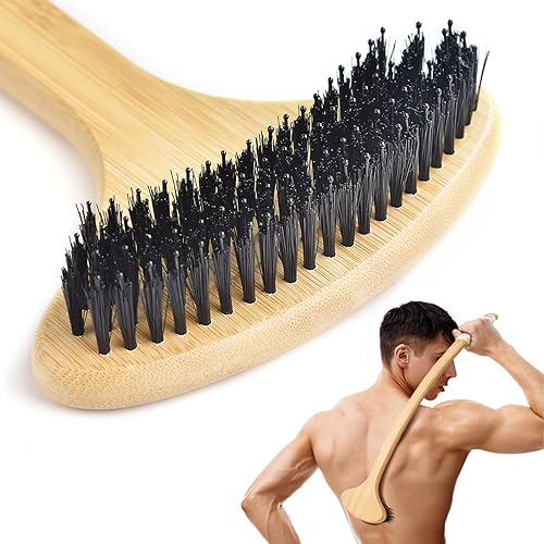Rascador de espalda de bambú, rascador de cuerpo de gran tamaño con mango largo curvado de 22 pulgadas y cabezal ancho 2 en 1 para rascarmasaje,