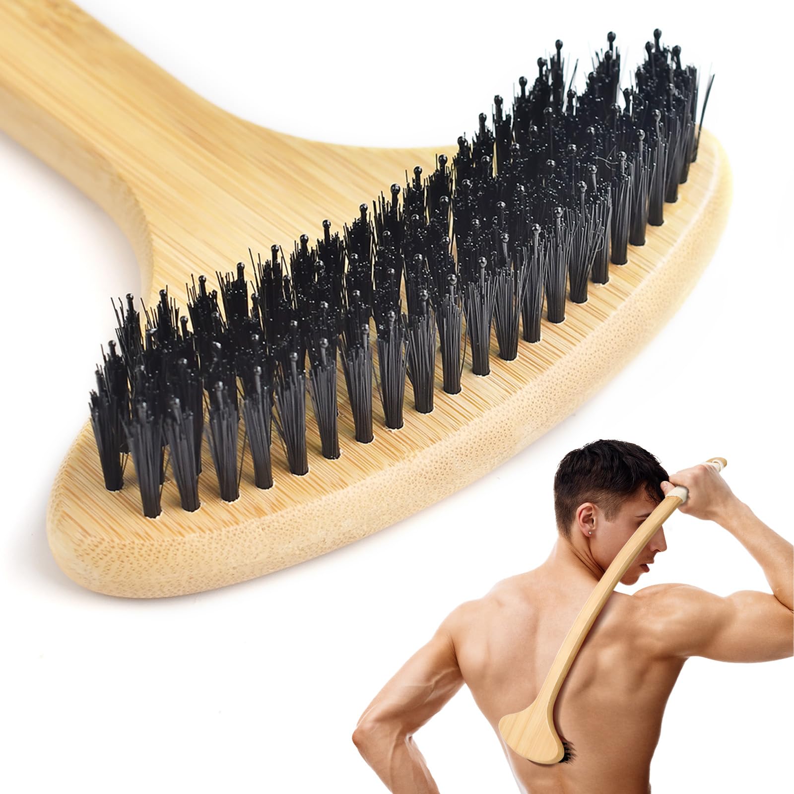 NURENDER Rascador de espalda de bambú, rascador corporal de gran tamaño con mango largo curvado de 22 pulgadas y cabezal ancho 2 en 1 para rascar/masajear, para aliviar la picazón, cepillo corporal | Extra largo, bambú natural, cerdas 2 en 1, cabeza ancha