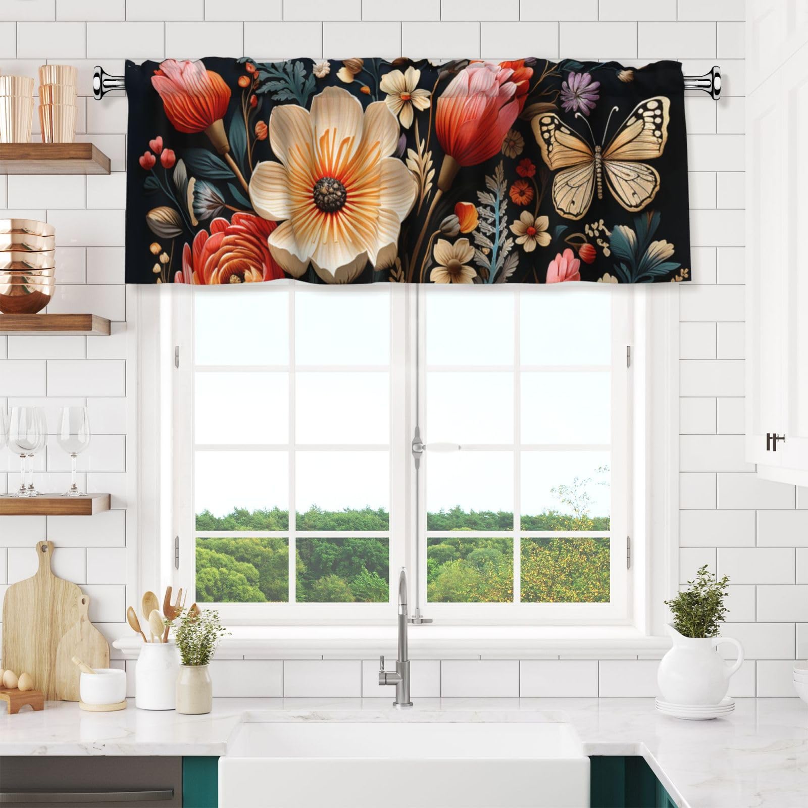 NONHAI Floral Pattern Valances for Windows Short Curtains Rod Pocket Cafe Window Treatments Valance Curtains for Kitchen Bathroom Laundry Basement Windows 54x18inch Blackout Window Valance