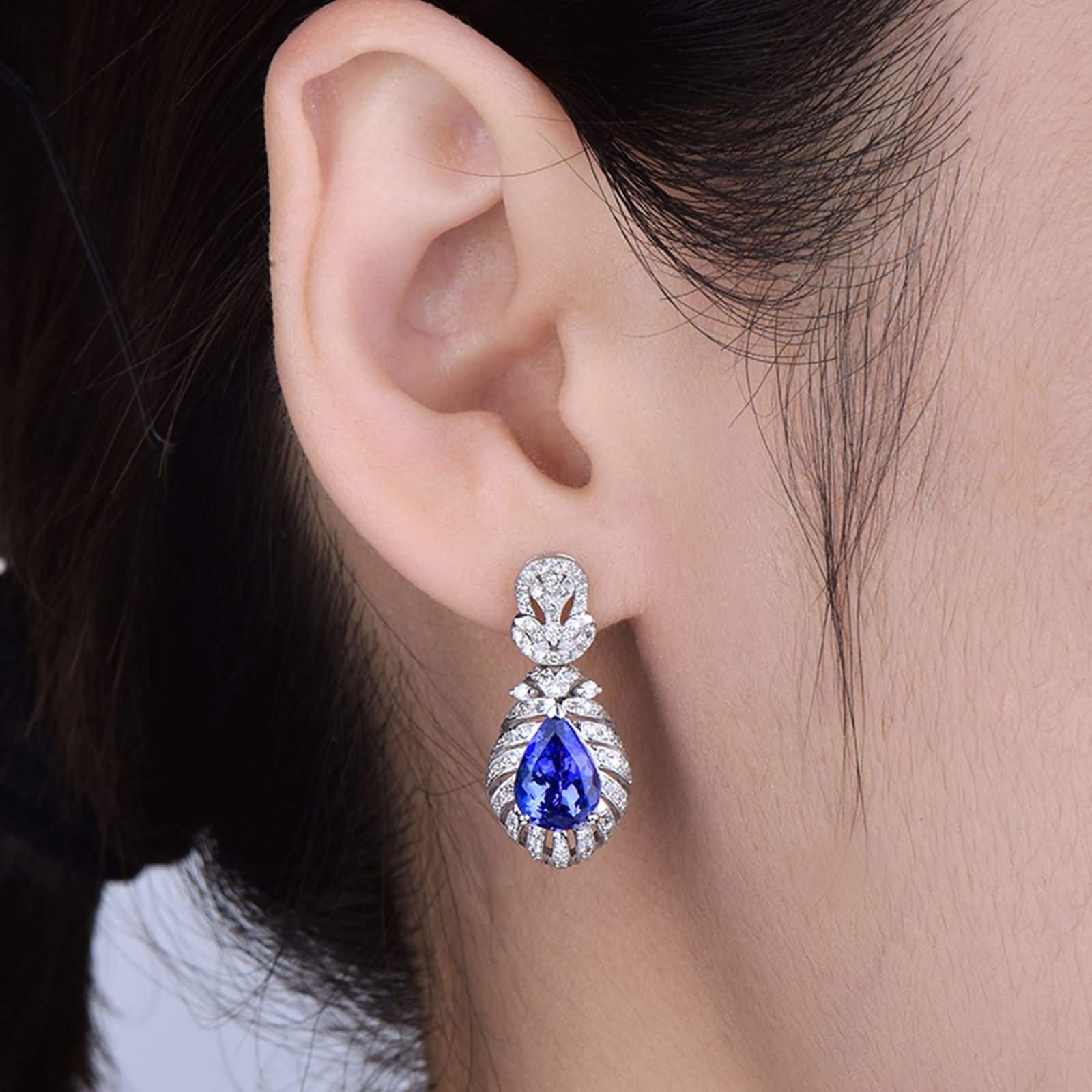 Weißgold Ohrringe Hochzeit 9K / 14K / 18 K Damen, Wassertropfen mit Tansanit 3 Karat und Diamant, Ohrringe Hängend Blau Silber Damen