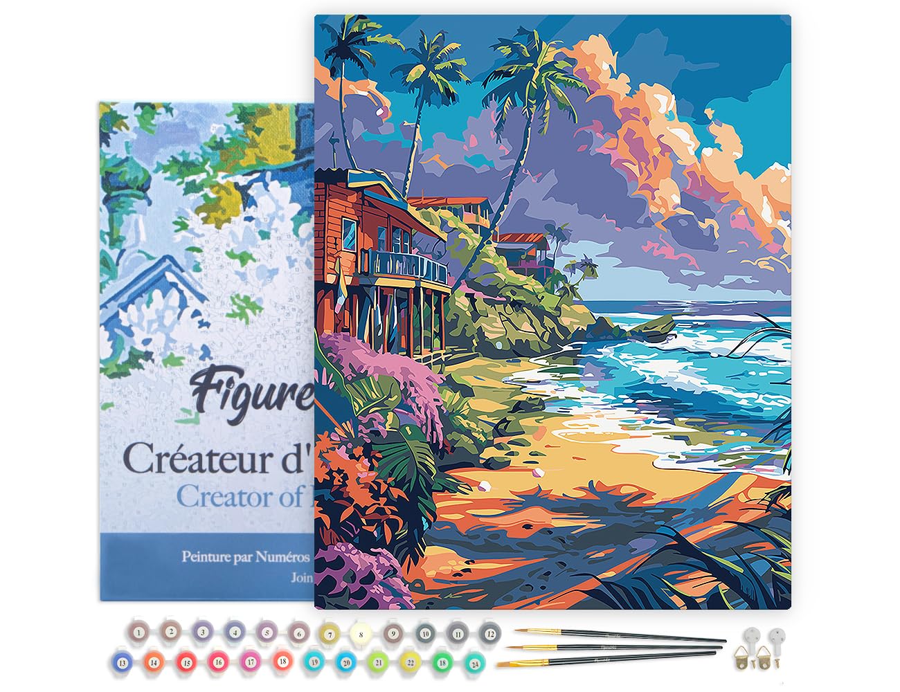 Figured'Art Peinture par Numéro Adulte avec Cadre Maisons en bord de plage - Activité Manuelle Kit de Loisir Créatif DIY Numéro d'Art Complet - 40x50cm toile tendue sur châssis