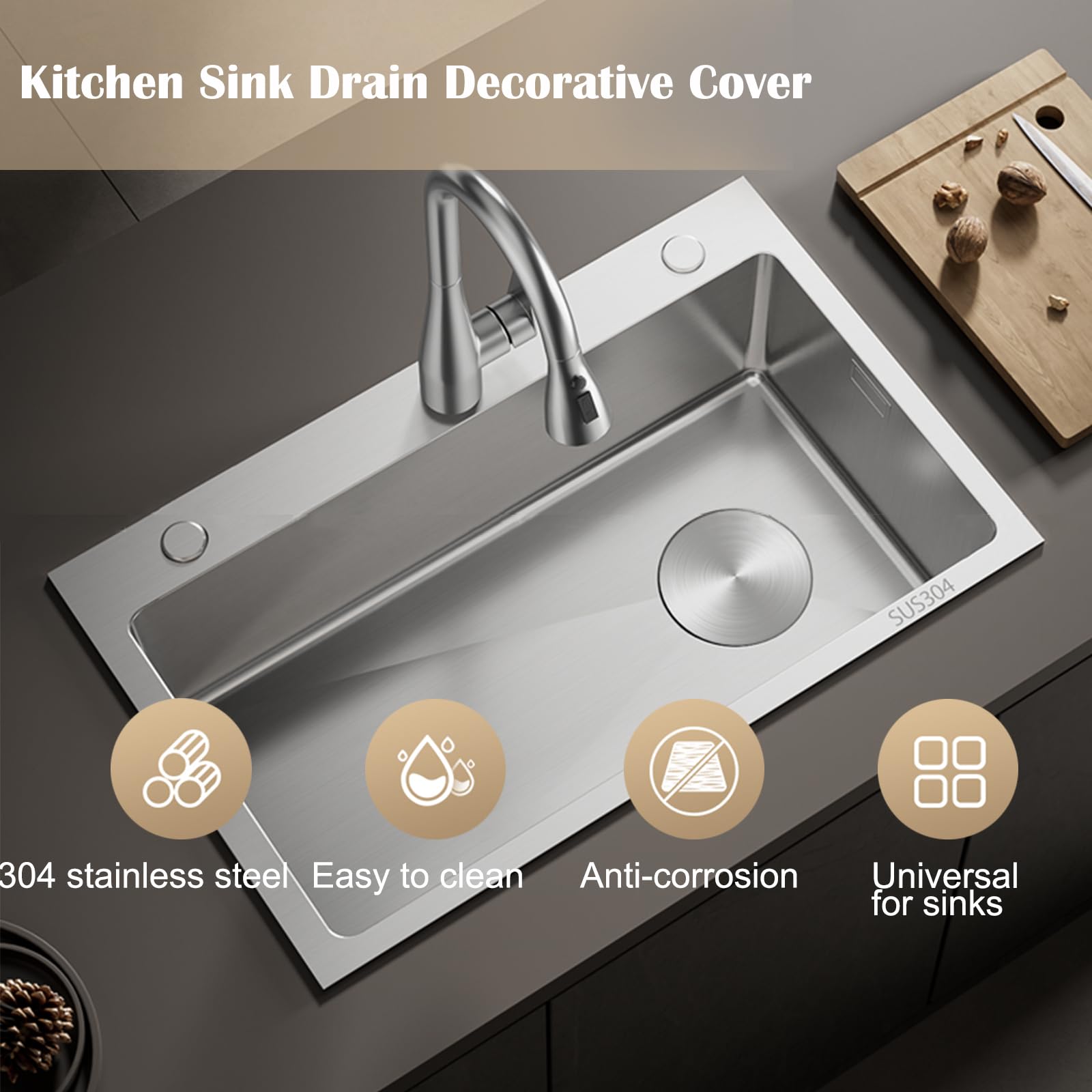 Paquete de 2 tapas de drenaje para fregadero de cocina, tapa de drenaje de acero inoxidable 304, cubierta plana para decoración, se adapta a tapón estándar de cesta de drenaje de fregadero
