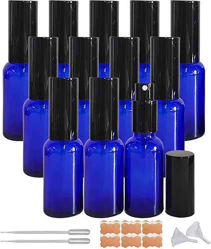 Paquete de 12 botellas de vidrio azul de 1 onza para aceites esenciales, botella pequeña de espray de niebla fina, recargable para perfumes, viajes,