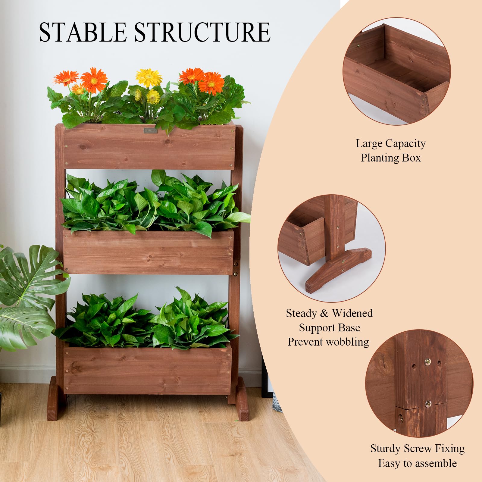 HOMASIS Jardinera de Madera de 3 Niveles, Maceta Ajustable, Escalera para Flores con Orificio de Drenaje, Material de Abeto, estantería Multiuso para jardín, balcón Decorativas, 71x38x105cm, marrón