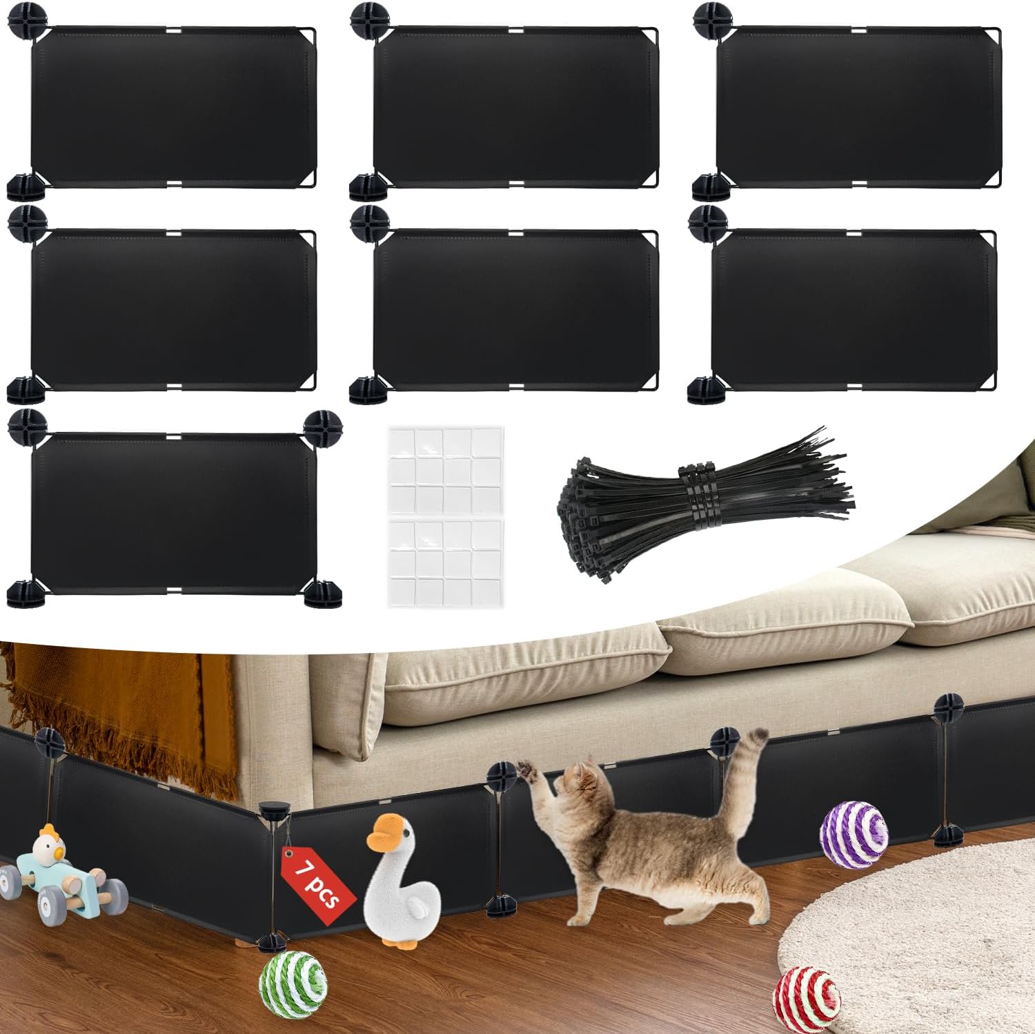 Under Couch Blockers for Pets, 6.7" Height-83 Length in Total Couch Blockers, Keep Dogs Off Couch Sofa, Durable Detachable Under Couch Toy Blocker with Strong Tape, Black