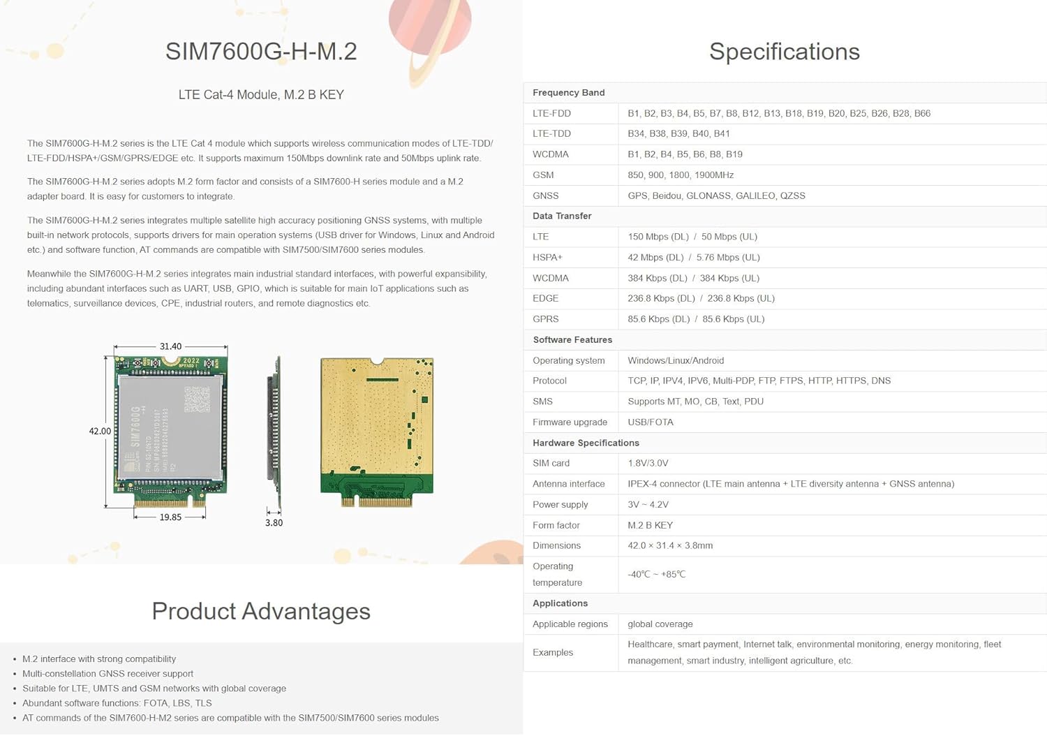 Waveshare SIM7600G-H-M.2 SIMCom Original 4G LTE Cat-4 Module Global Coverage with GNSS Support M.2 B Key Connector LTE-TDD LTE-FDD HSPA+ GSM GPRS Edge