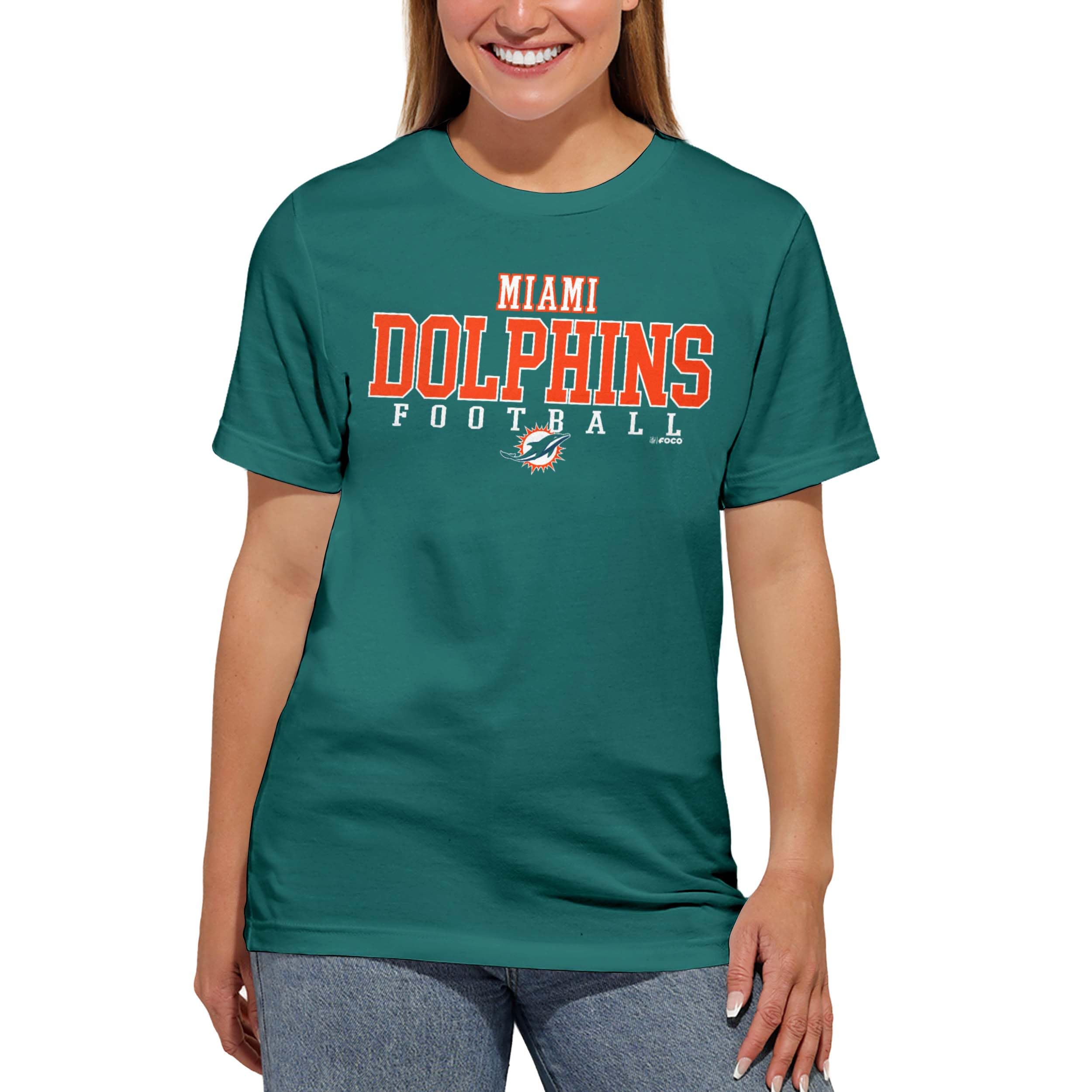 FOCO NFL Officially Licensed Unisex-Adult Football Wordmark Team Color Primary Logo Premium Quality Short Sleeve T-Shirt, Miami Dolphins, Large — image 1