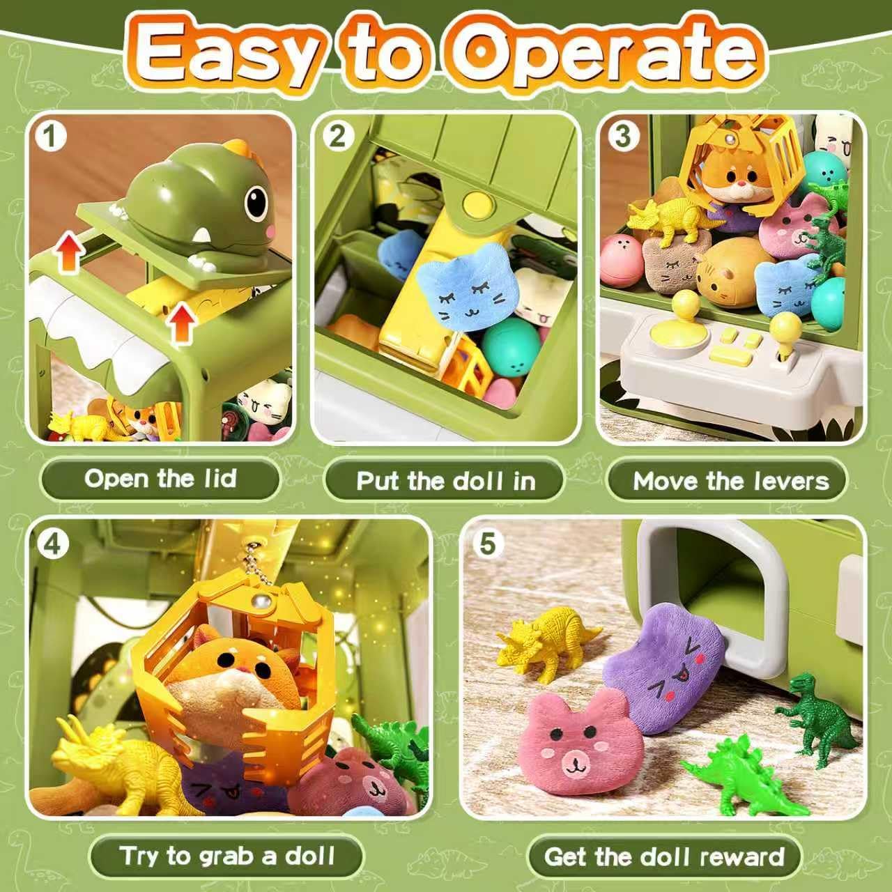 Dinosaur Claw Machine for Kids,Electronic Arcade Game Machine with Music,Mini Vending Machine Boys Birthday Toys Gifts Age 3+ Years,Includes 10 Plush Toys & 12 Dinosaur Accessories