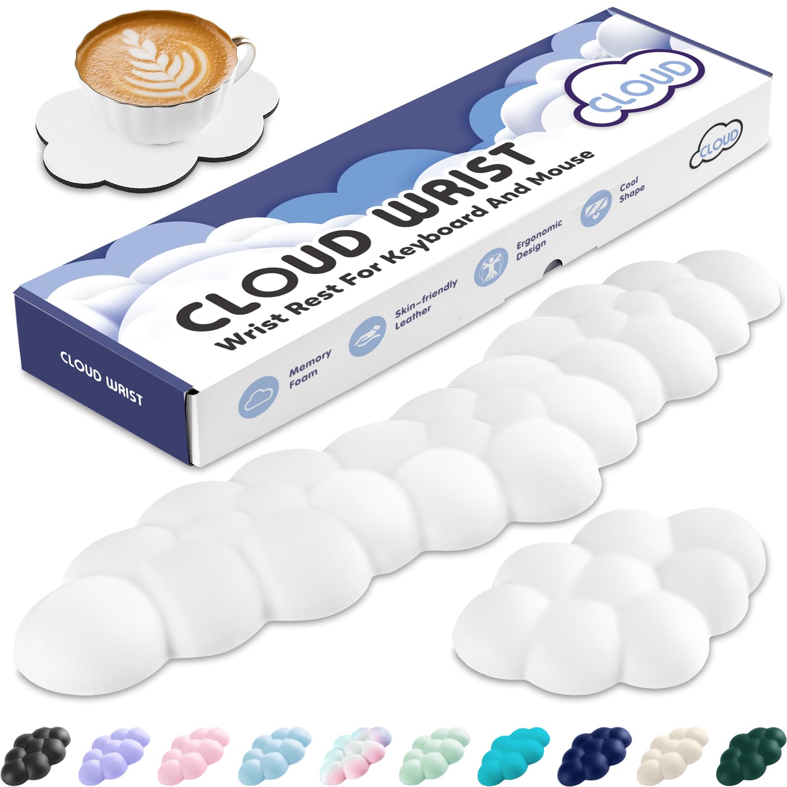 Sushret Handballenauflage Tastatur Wolke, Ergonomisches Handauflage Tastatur Wolke Mit PU Leder Memory Schaum, Cloud Wrist Rest, Niedliche Wolken Handgelenkstütze Maus Für PC Gaming Zubehör – Weiß