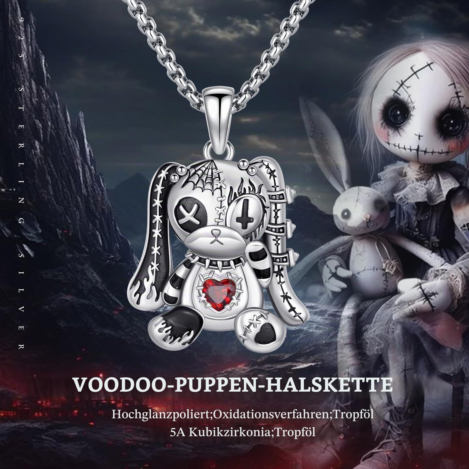 PARYFO 925 Sterling Silber Gothic Schmuck Voodoo Puppen Halskette Gothic Anhänger mit Kaninchen/Bär Geburtstags und Halloween Geschenkefür Frauen und Mädchen, mit Edelstahlkette