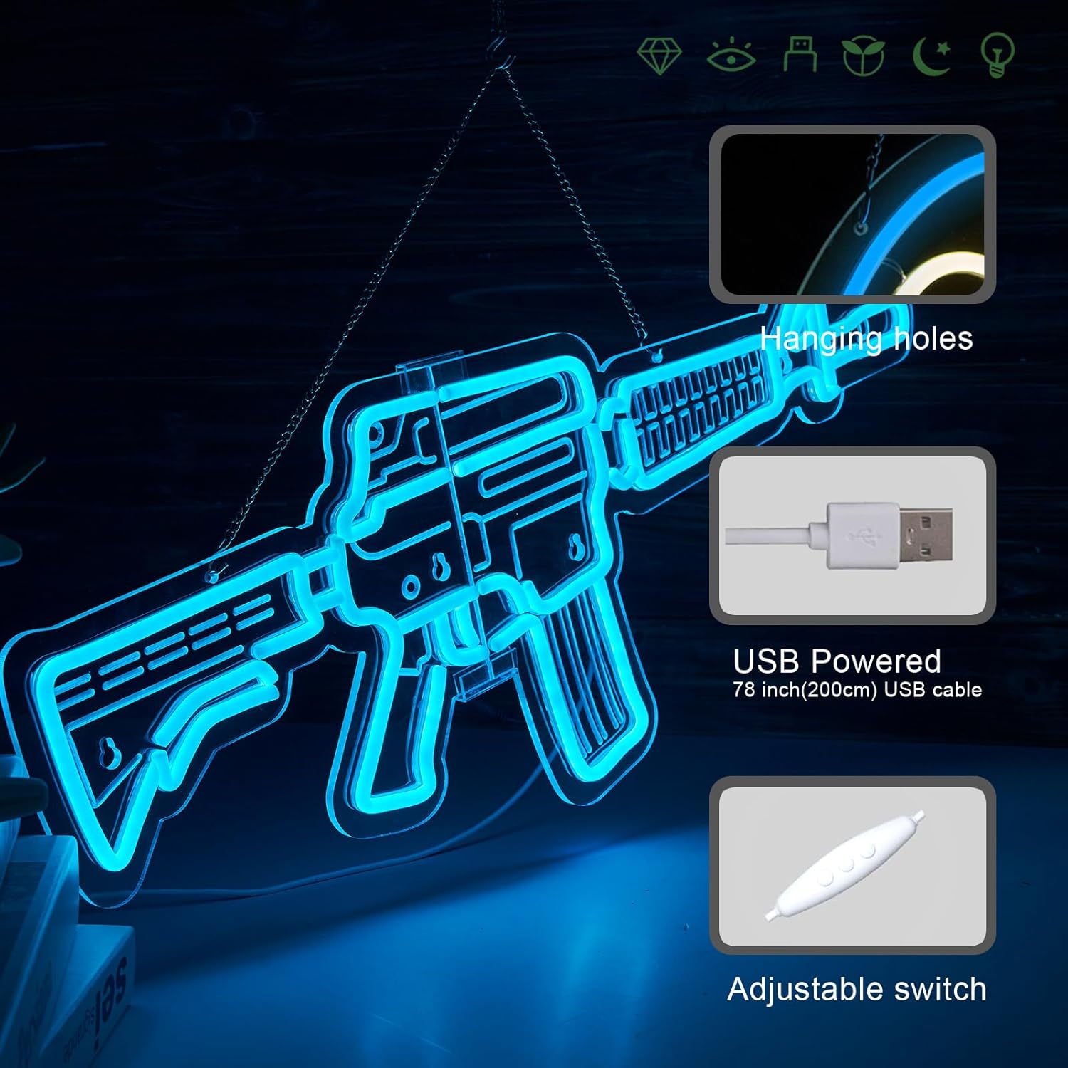 Gun Neon Sign M4 Neon Sign for wall decor Large Size(26.8x10.6 Inch) Smart plug timer compatible USB Powered Dimmable Bar Wall Decor for Man Cave Home Pub - Image 5
