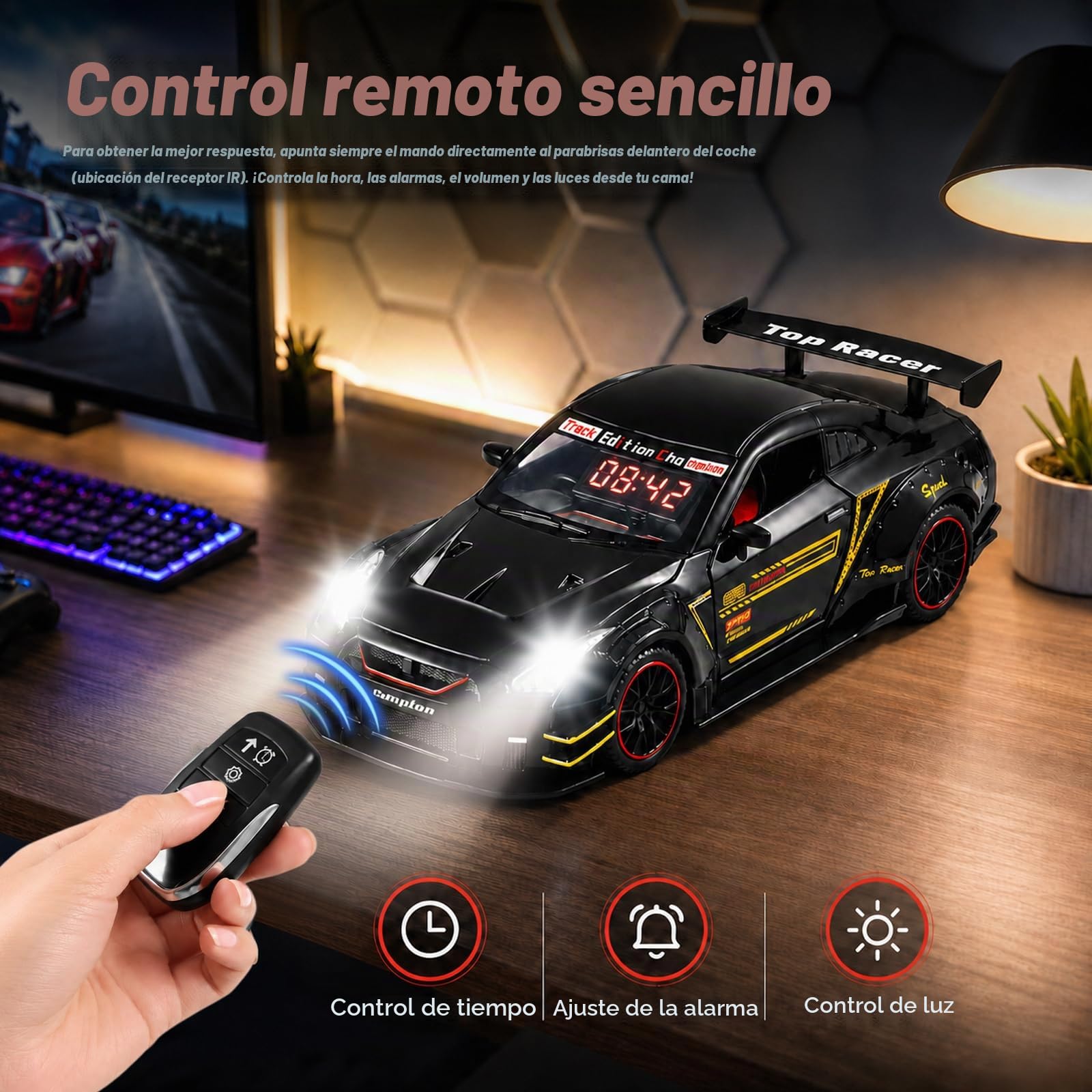 Reloj despertador de coche para adultos que duermen mucho con sonido de motor