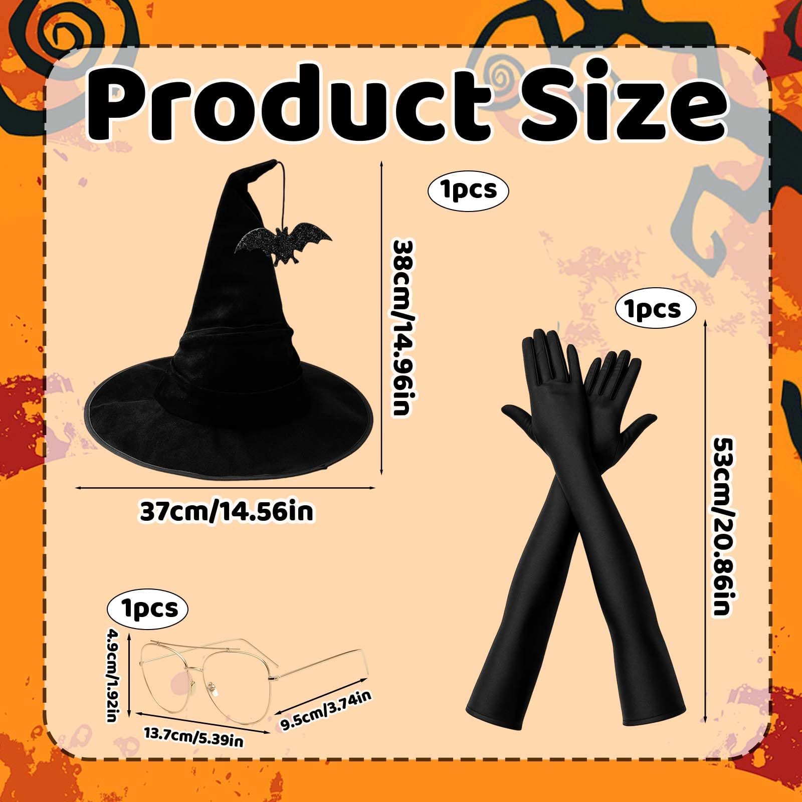 3 Pcs Halloween Hats for Women Accessories Wizard Hat with Bat Pendant, Gold Rimmed Glasses, Elegant Black Gloves - Image 2