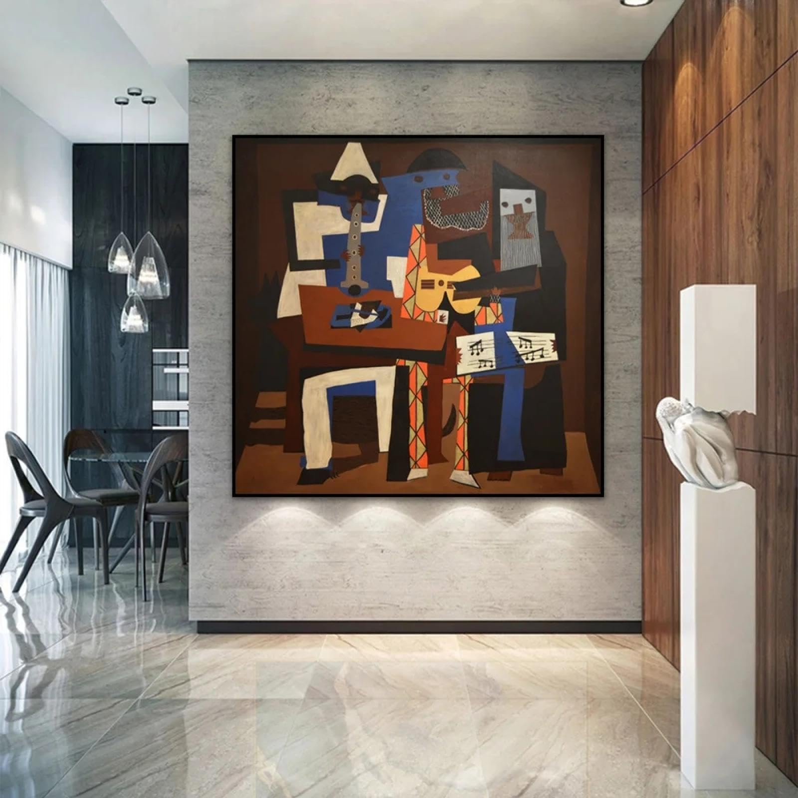 KDOVOKD Picasso Famosi Tre Uomini Musicali Poster da Parete Arte Astratta Decorazioni per la casa Stampa su Tela Dipinto Decorazione per Soggiorno 70x70 cm (28x28 pollici) con Cornice
