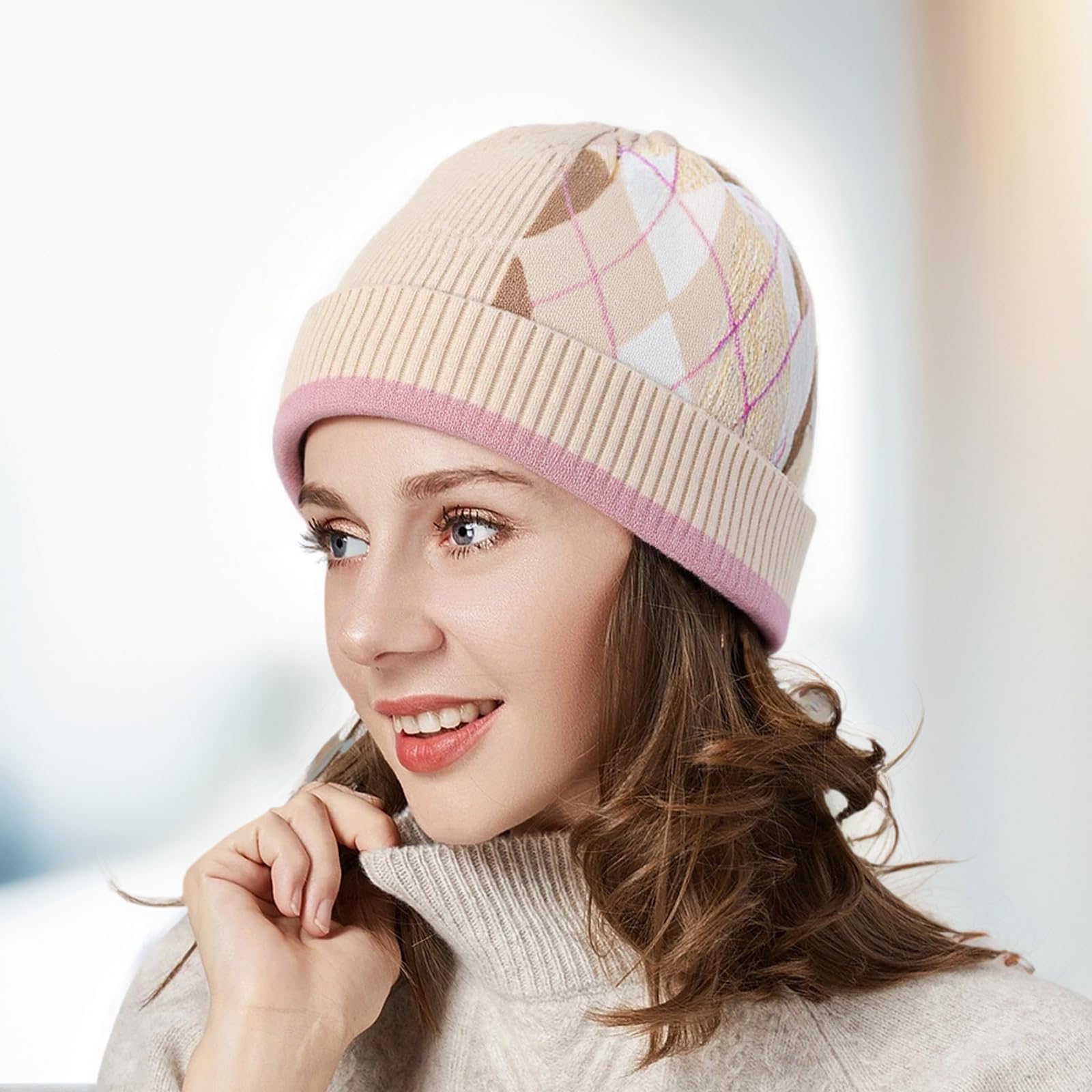 Diamond Pattern Knit Hat Argyle Beanie Soft Unisex Winter Cap with Ribbed Edge