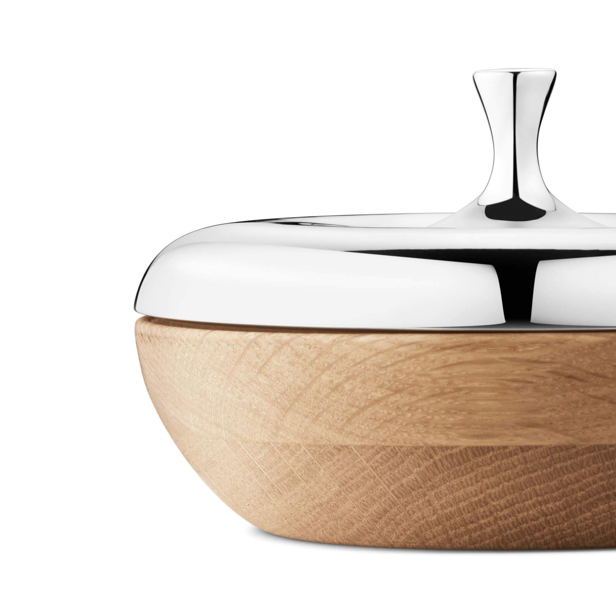 Georg Jensen HK Bonbonniere Ui, spiegel gepolijst roestvrij staal en bruin eikenhout door Henning Koppel
