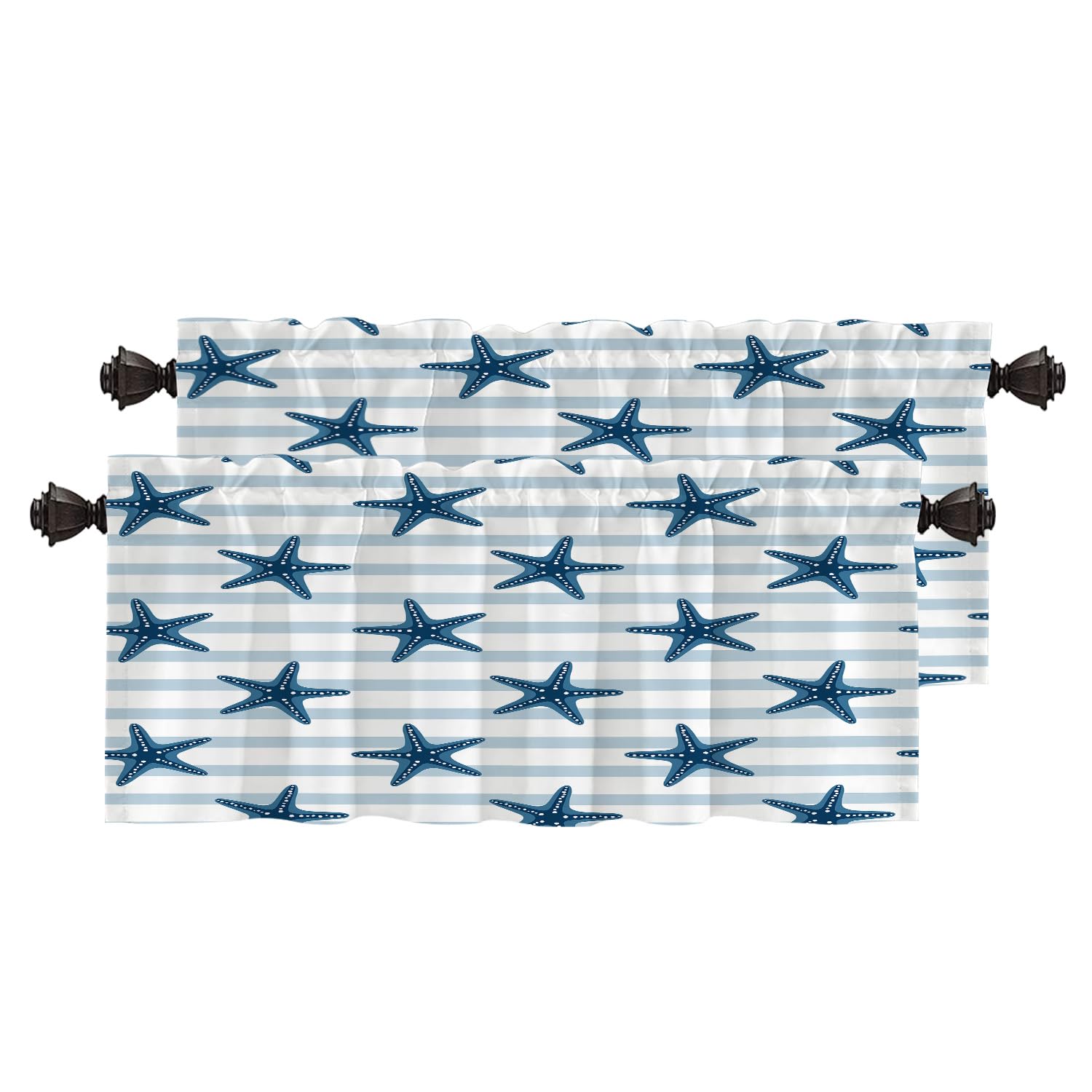 Photo 1 of Coastal Nautical Kitchen Valances Half Window Curtain, Ocean Starfish in Blue and White Stripes Blackout Decoration Window Valances Curtains Drapes for Kitchen Bedroom (Pack of 2) 52 x 18 in Ocean Sea Creatures Starfish 1 Blue C