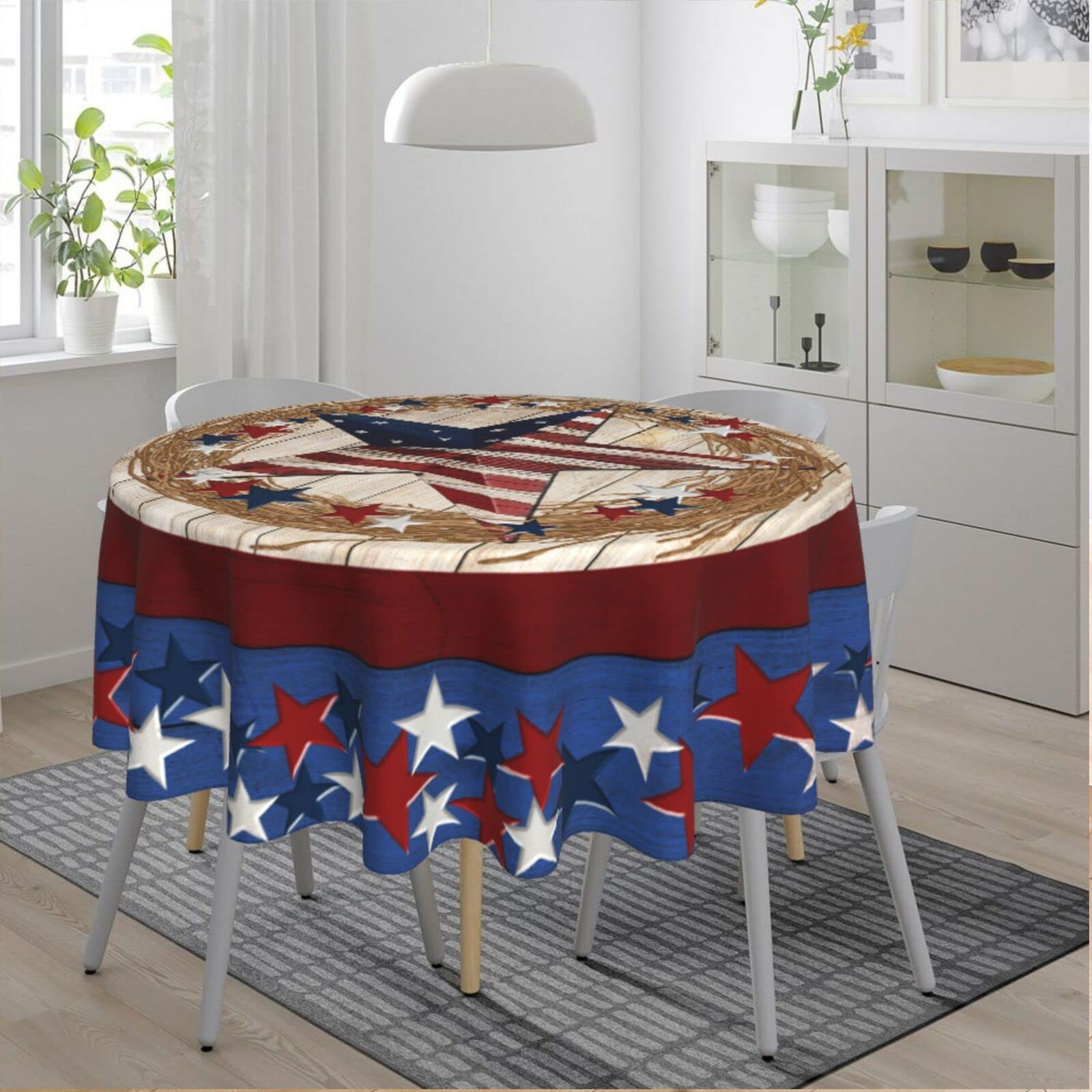 Farmhouse Vintage Rustic 4th American Flag Patriotic Star Wooden Waterproof Picnic Round Table Cloth Cover Decorations Fabric 60 Inch Circular Tablecloth For 20-47 Inch Home Dining Room Kitchen