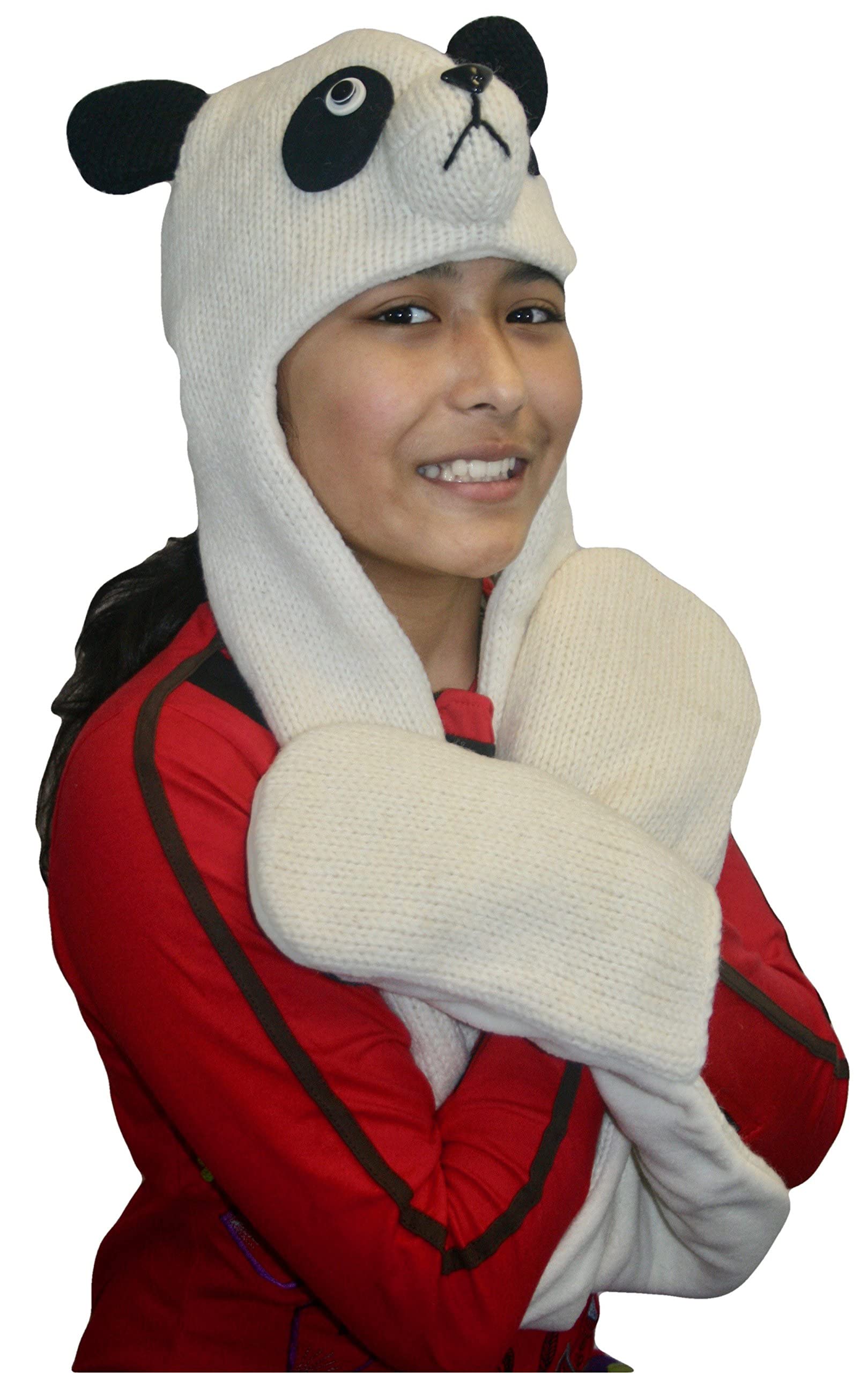 Agan Traders Animal Hat Cap Wool Fleece Lined Trapper Beanie Multi-Functional Set Girls Boys Adult (Panda, Combo,)