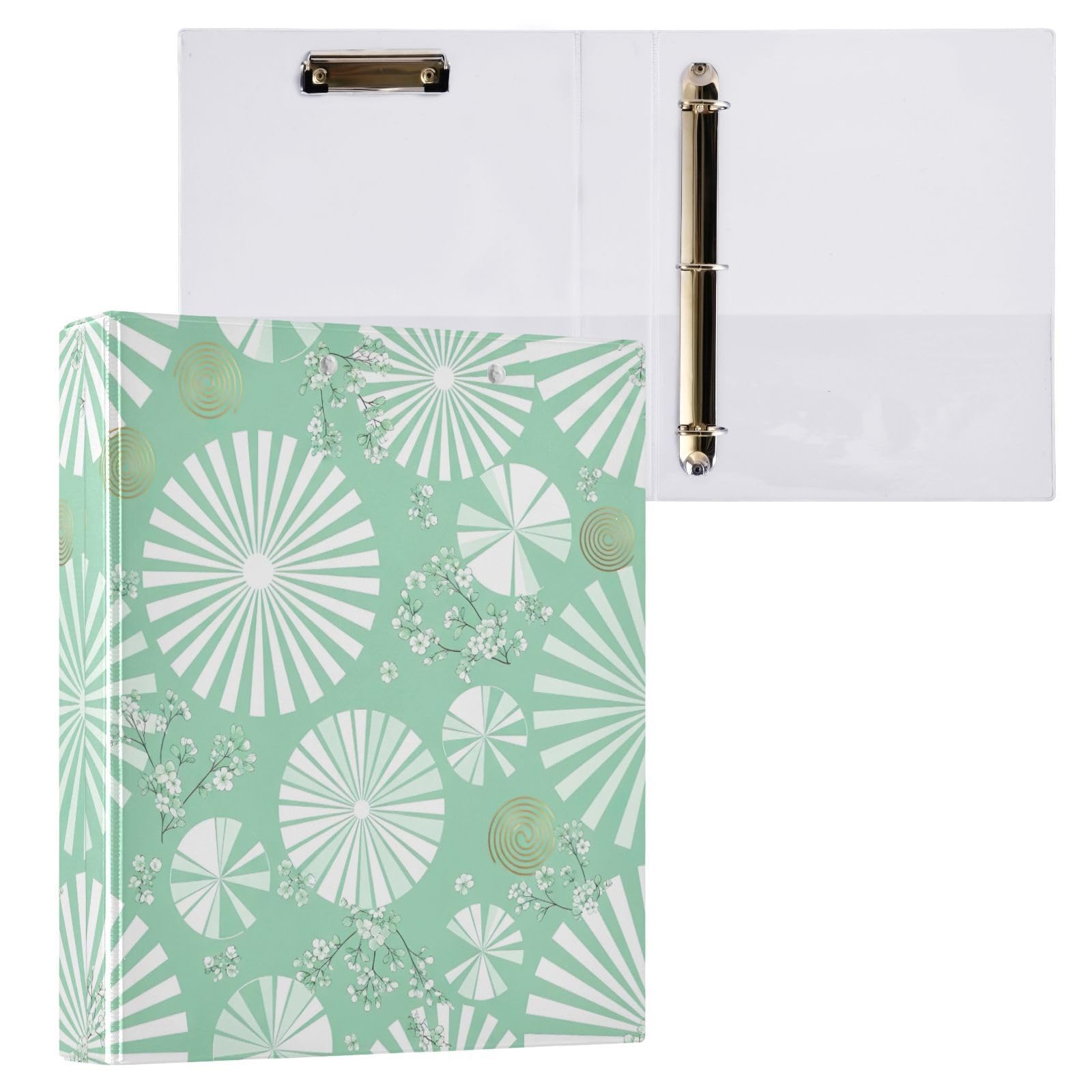 Carpeta de 3 anillos de flores verdes menta de 1.5 pulgadas, carpeta de anillos en D, paquete de 2 | Con portapapeles y bolsillos, para escuela, universidad, oficina