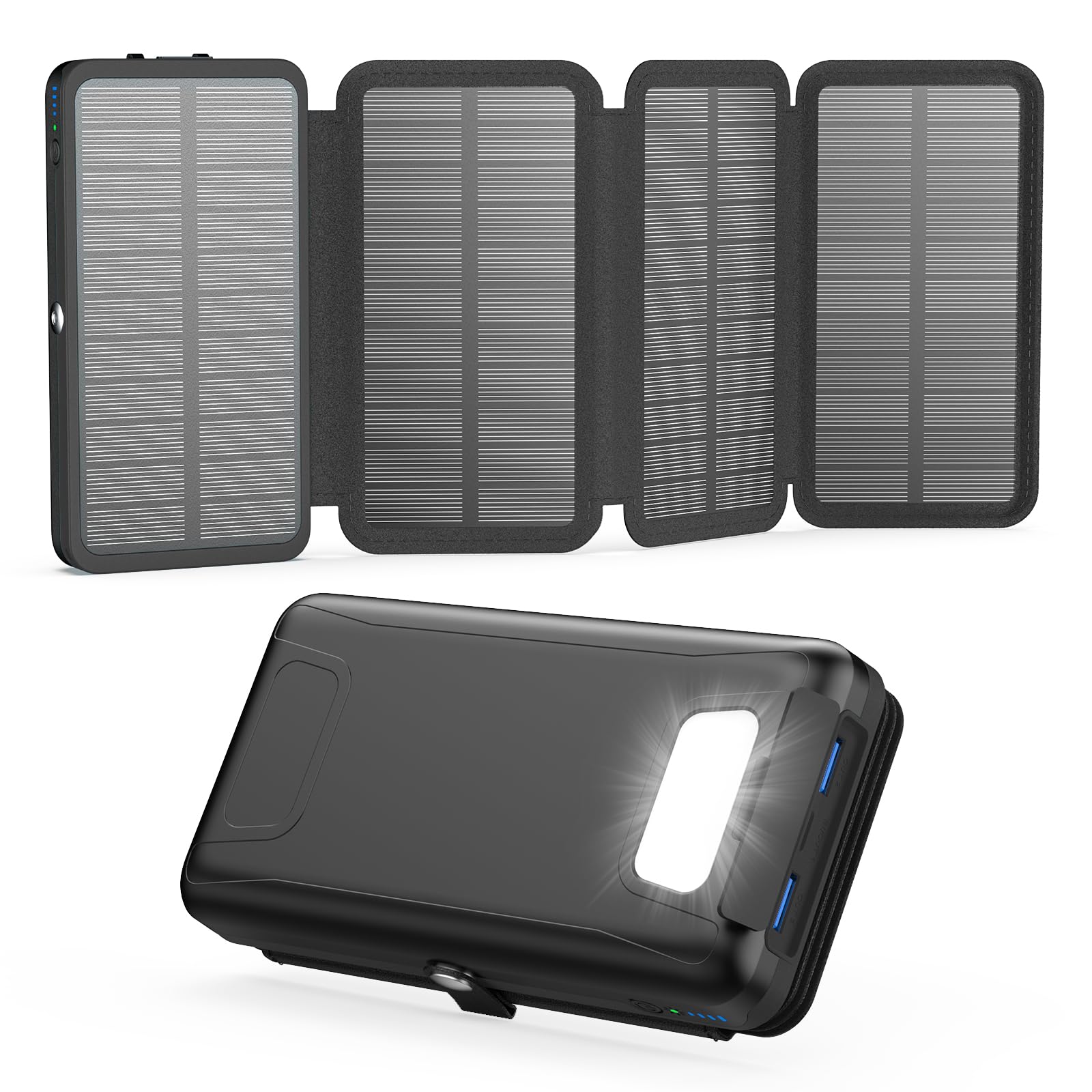Solar Powerbank 20000mAh – A ADDTOP Solar Ladegerät mit 22.5W Schnellladung, 2 USB-A Ausgäng, 1 USB-C Eingangs-/Ausgang , 4 faltbaren Solarpanels, Ladegerät Externer Akku für Handys Camping Schwarz